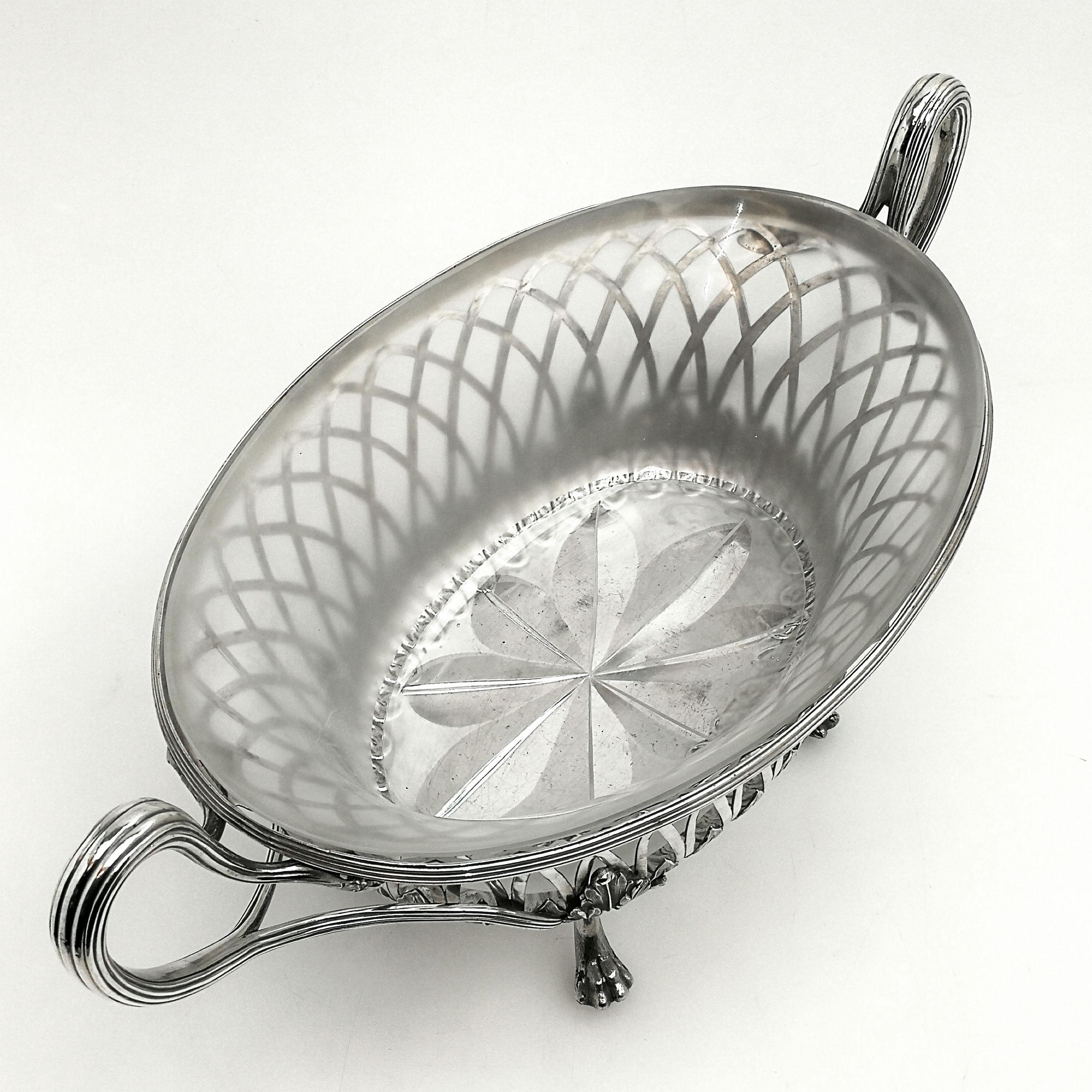 English Antique Georgian Silver & Glass Dish / Basket / Jardiniere, 1795 Dessert Basket For Sale