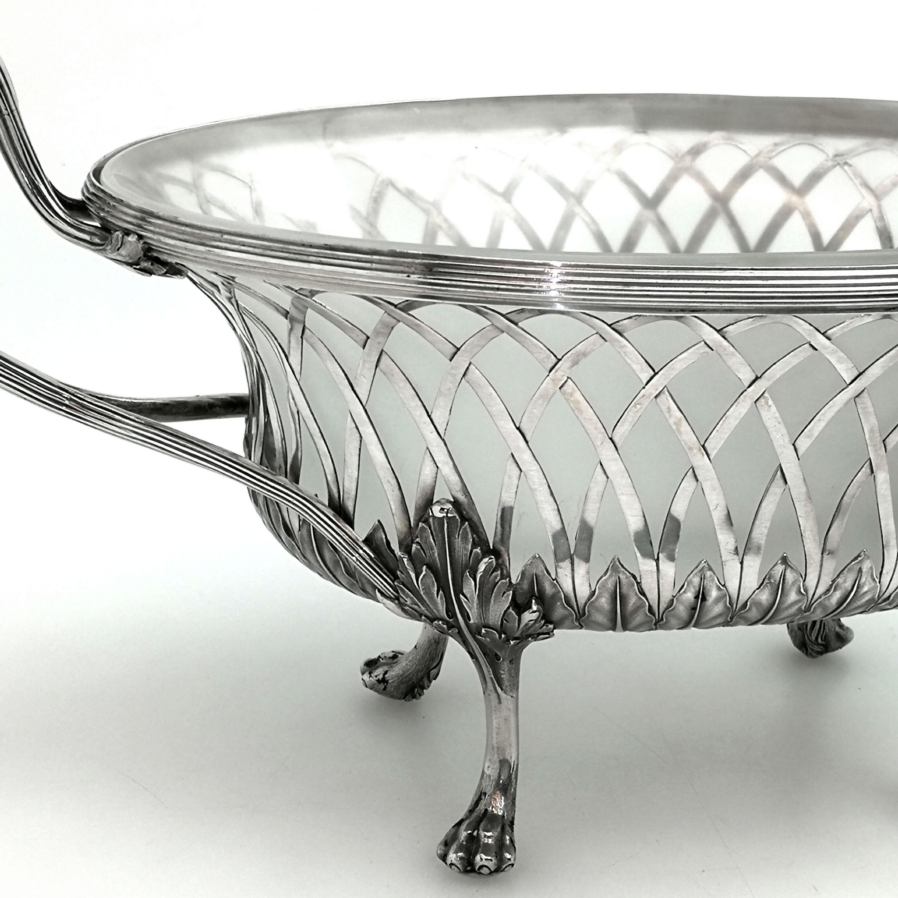 Antique Georgian Silver & Glass Dish / Basket / Jardiniere, 1795 Dessert Basket In Good Condition For Sale In London, GB