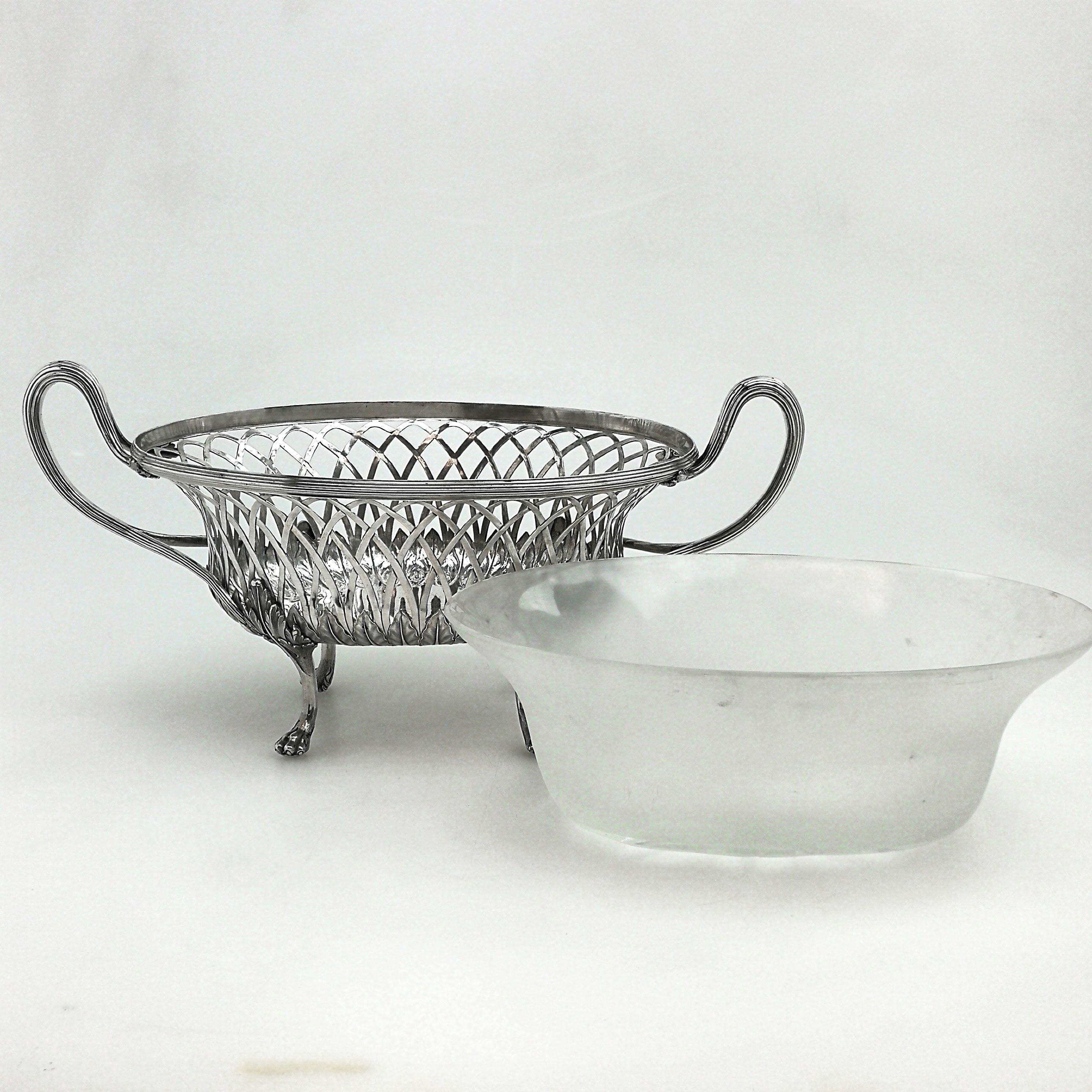 Sterling Silver Antique Georgian Silver & Glass Dish / Basket / Jardiniere, 1795 Dessert Basket For Sale