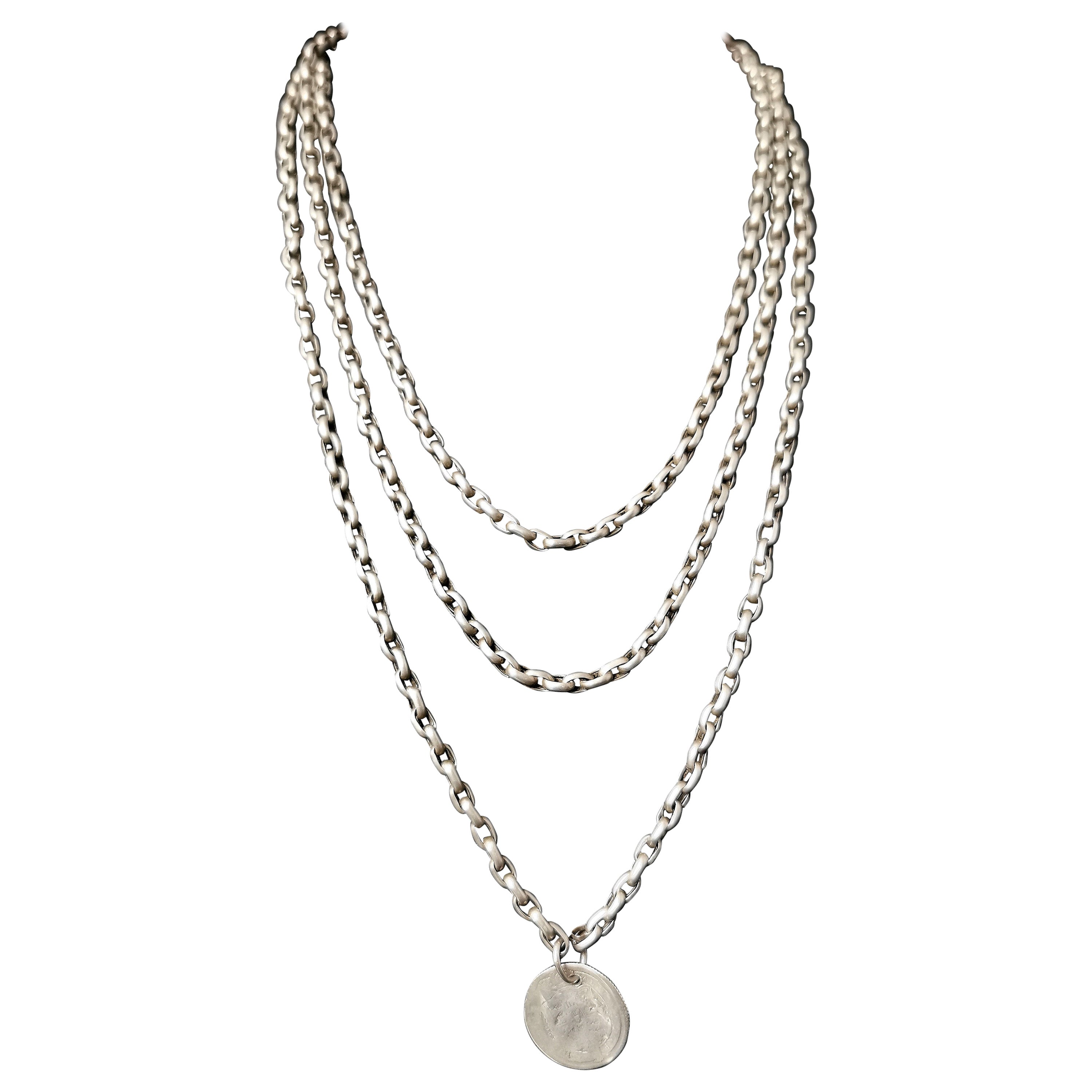 Antique Georgian Silver Longuard Chain Necklace, Coin Pendant