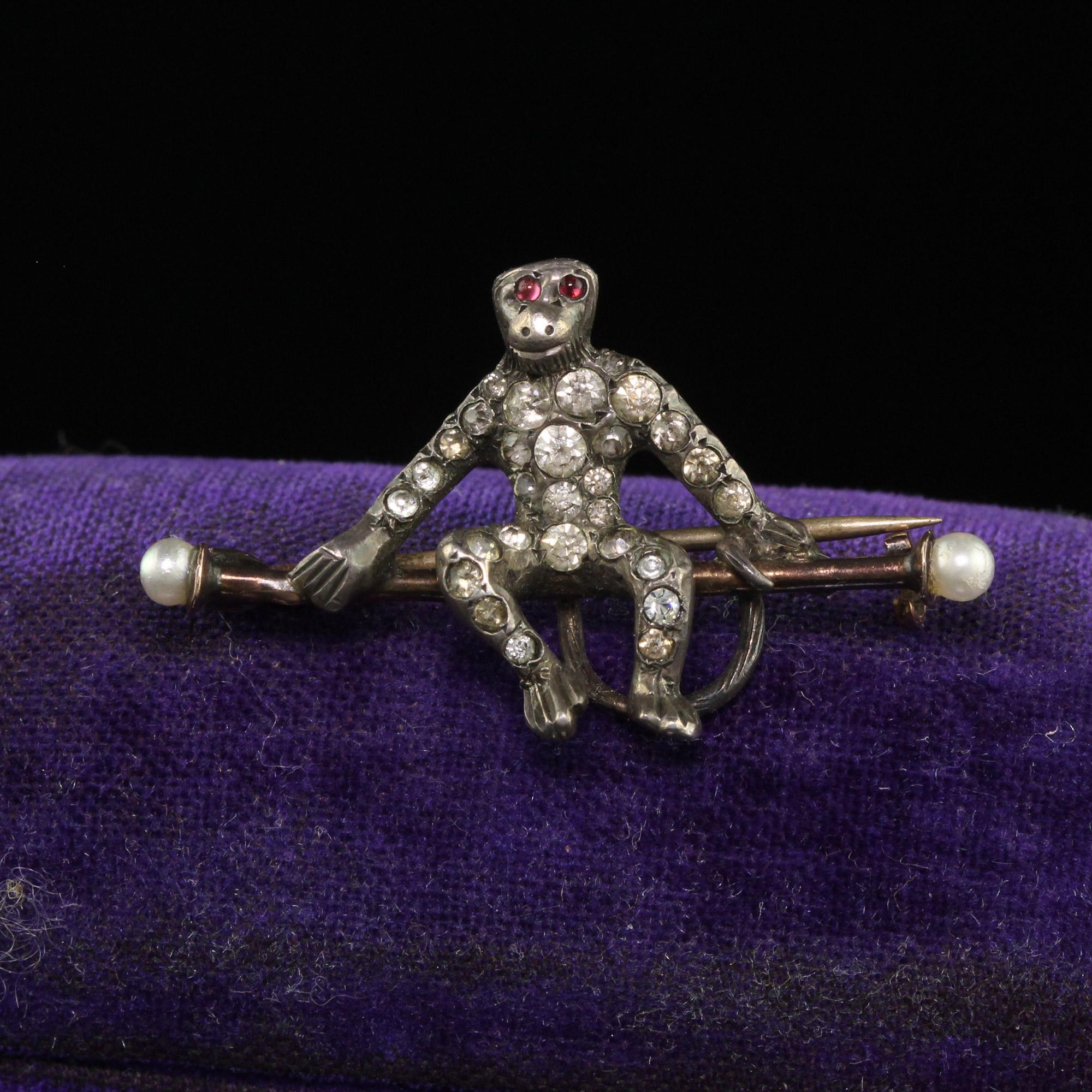 Antique Georgian Silver Old Cut Paste and Pearl Monkey Pin In Good Condition For Sale In Great Neck, NY