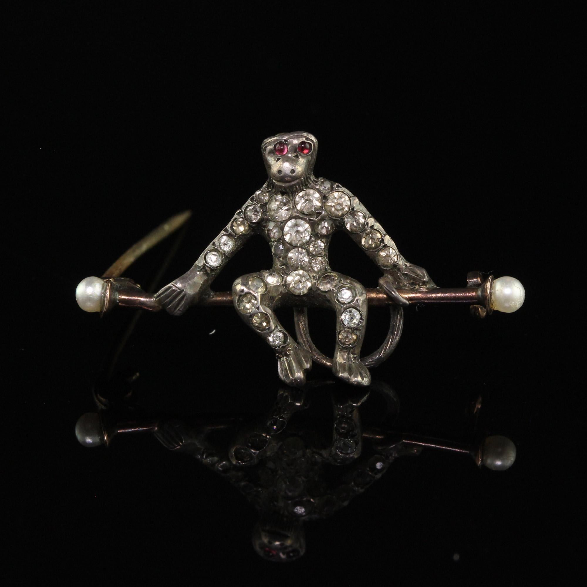 Women's or Men's Antique Georgian Silver Old Cut Paste and Pearl Monkey Pin For Sale