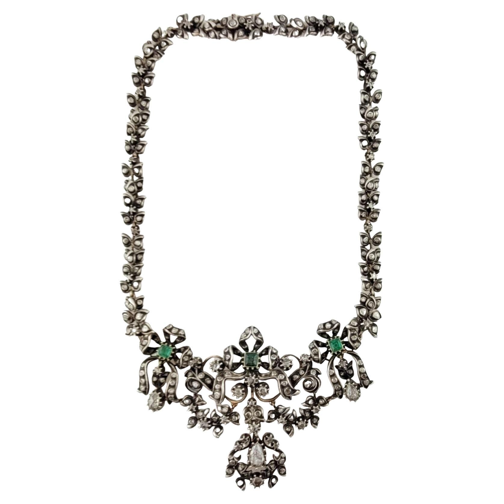  Antique Georgian Silver Over Gold Natural Emerald and Rose Cut Diamond Necklace For Sale