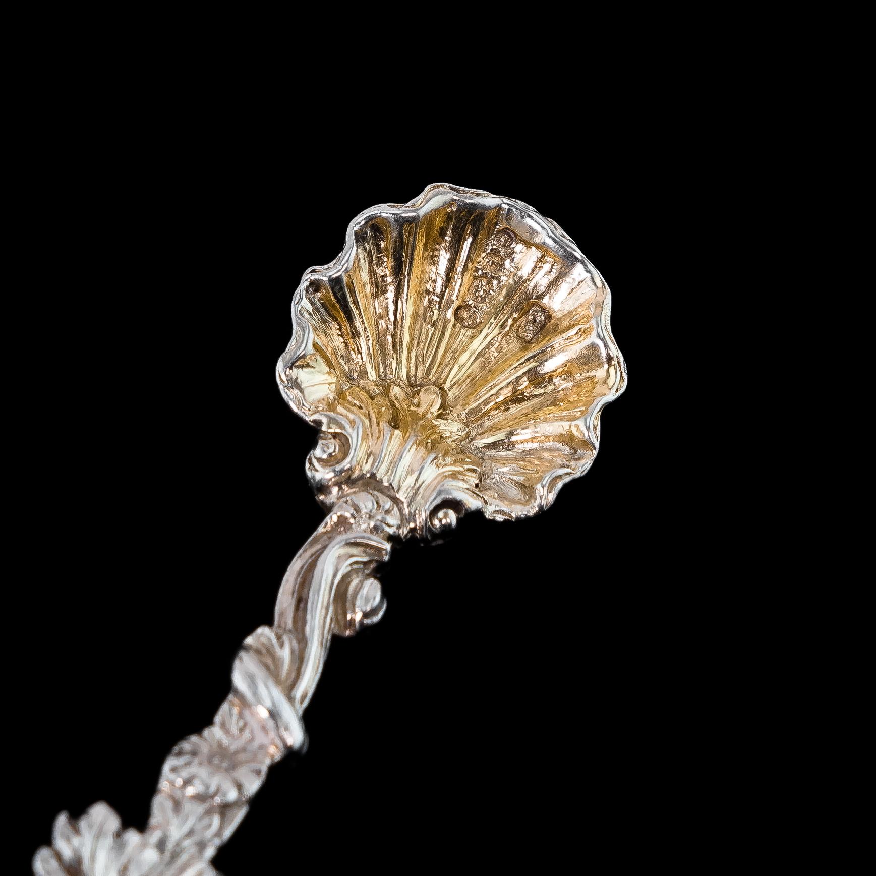 19th Century Antique Georgian Silver Salt Spoons Rococo Shell Design - 1824 For Sale