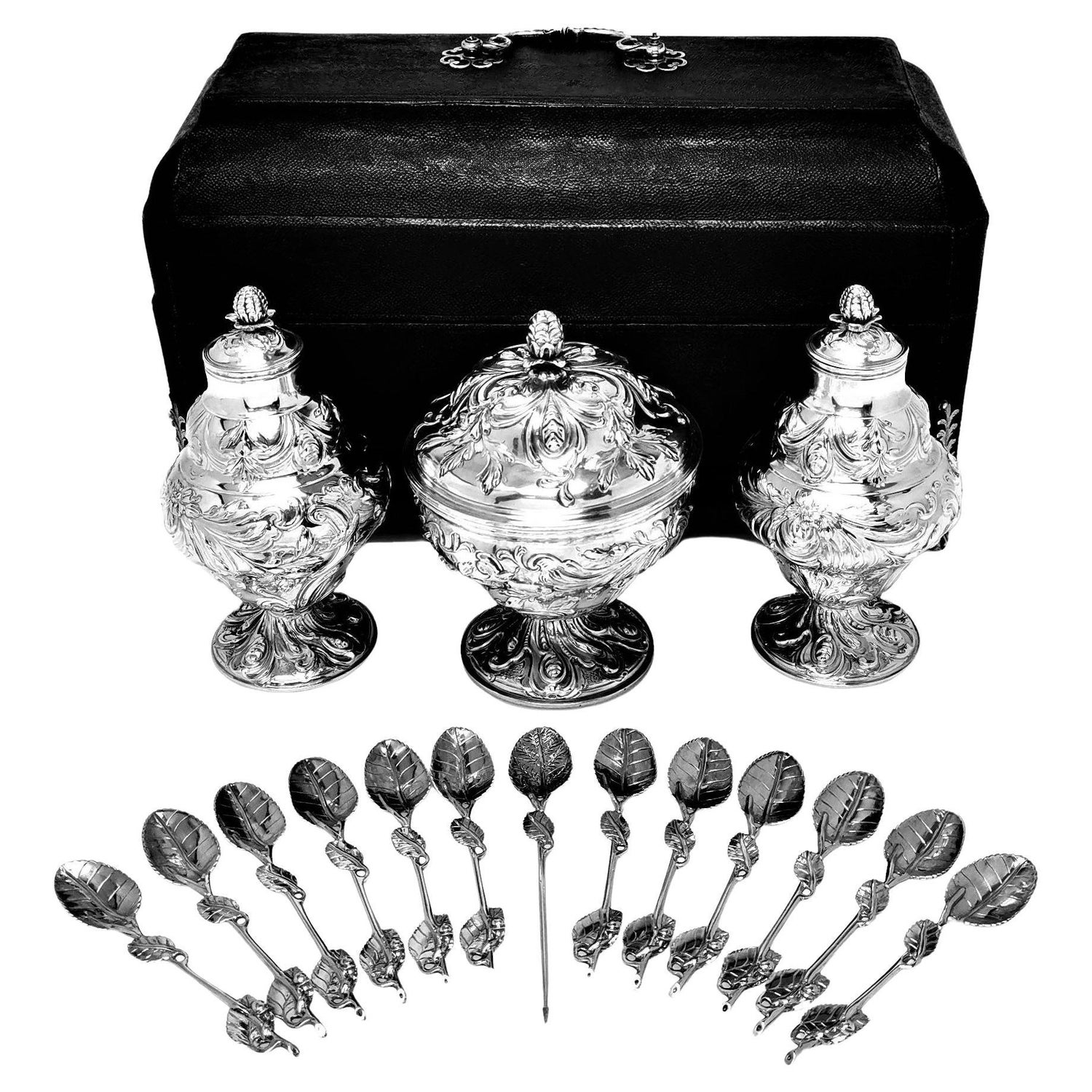 Antique Georgian Silver Tea Caddy, Sugar Bowl & Spoon Boxed Set, 1765