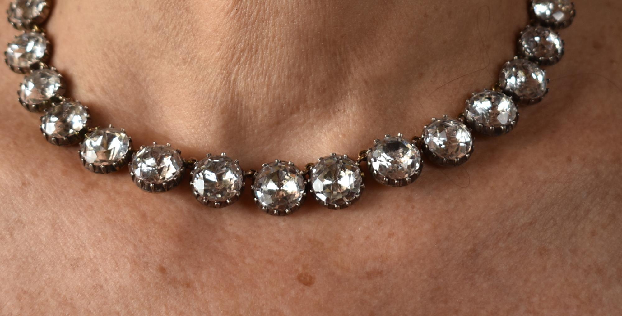  Known as a river of light, the rock crystal riviere was the classic Georgian necklace for night time wear. Legend has it that the Riviera in the South of France was given its name because to those peering out along the sea from the ships, the