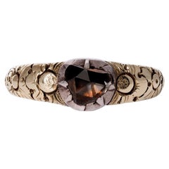 Bague de fiançailles géorgienne ancienne avec diamant taillé en rose fumé