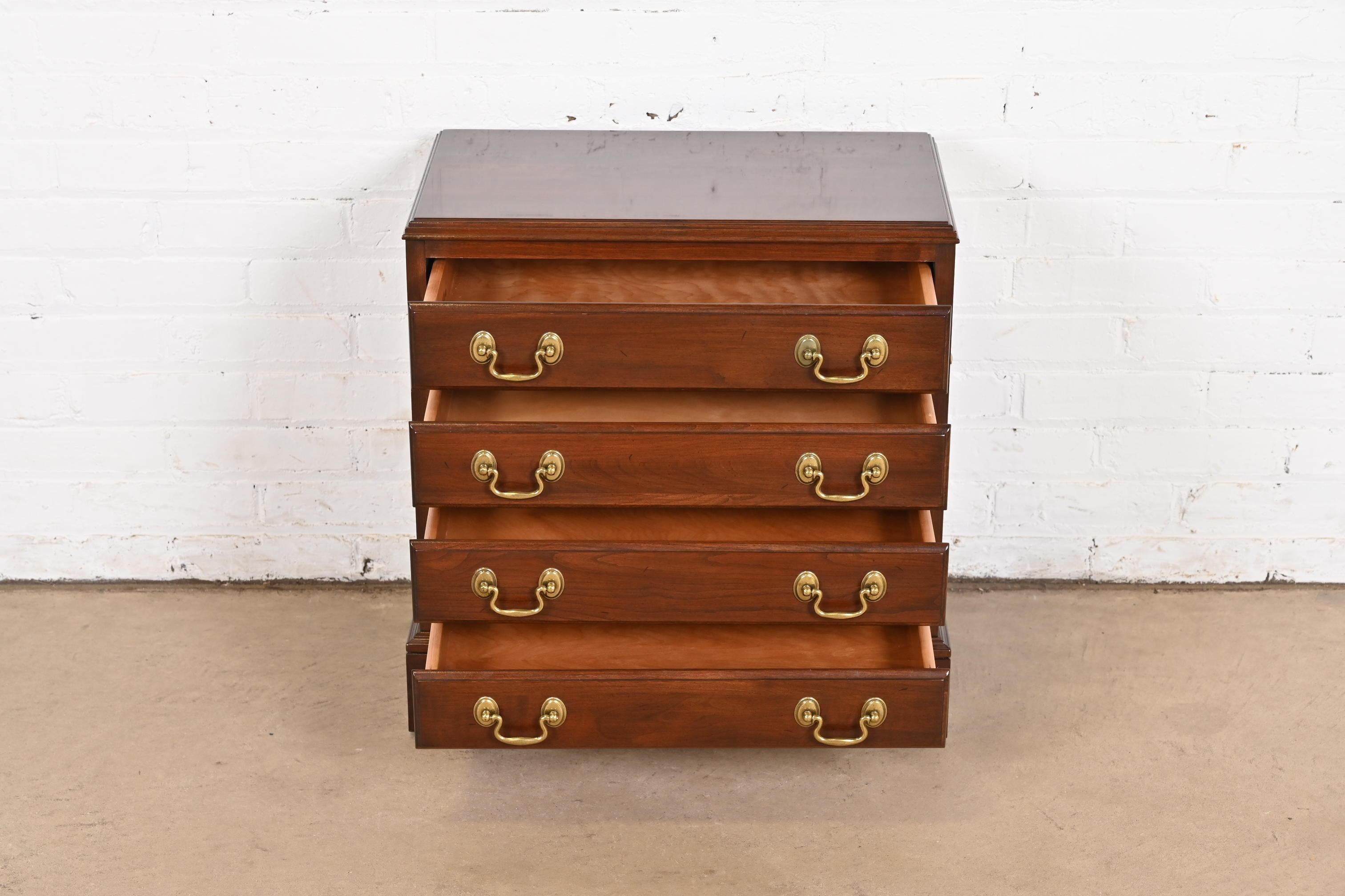 Brass Antique Georgian Solid Cherry Wood Four-Drawer Bedside Chest For Sale