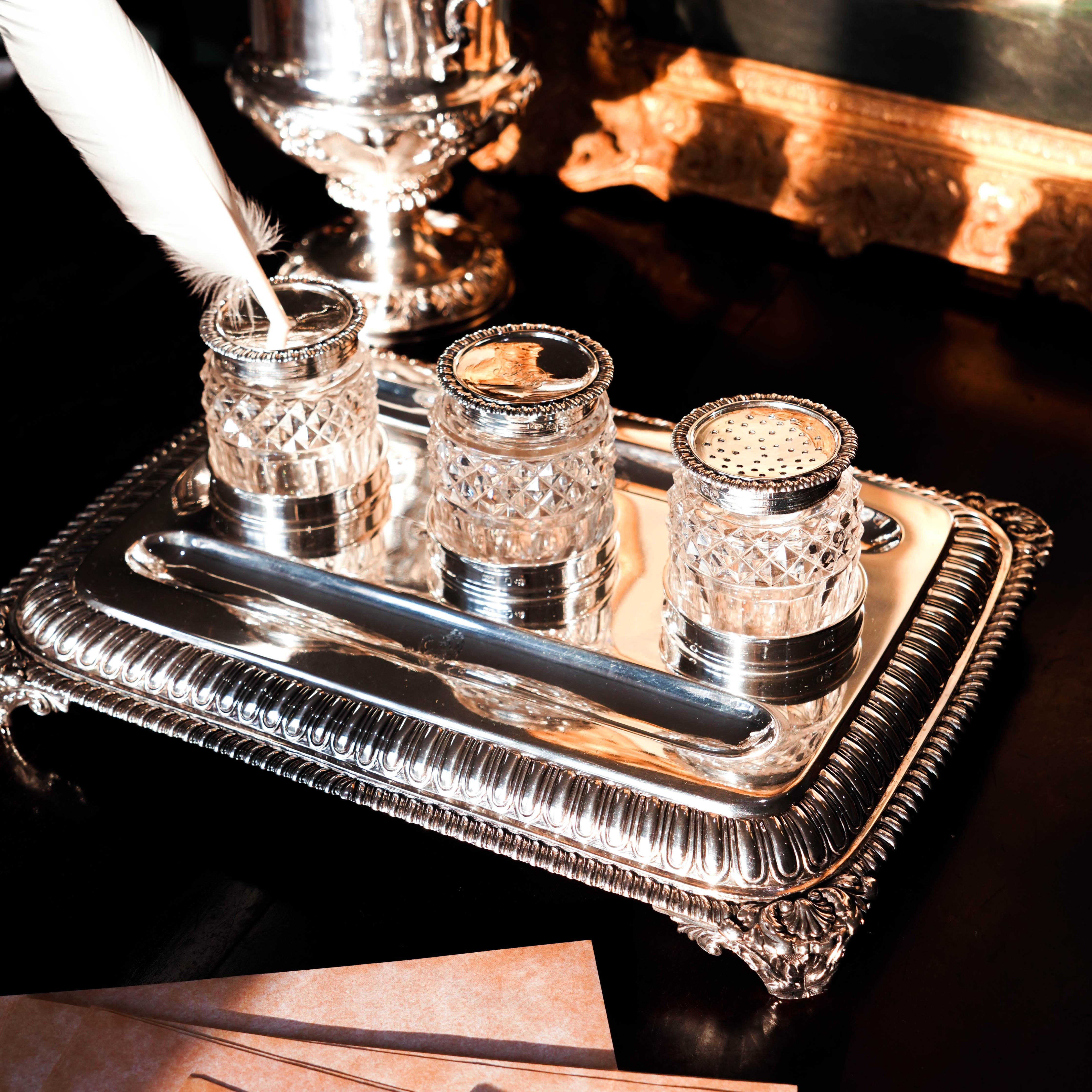 Antique Georgian Solid Silver Inkstand (1kg+) Regency Design London 1813 en venta 10