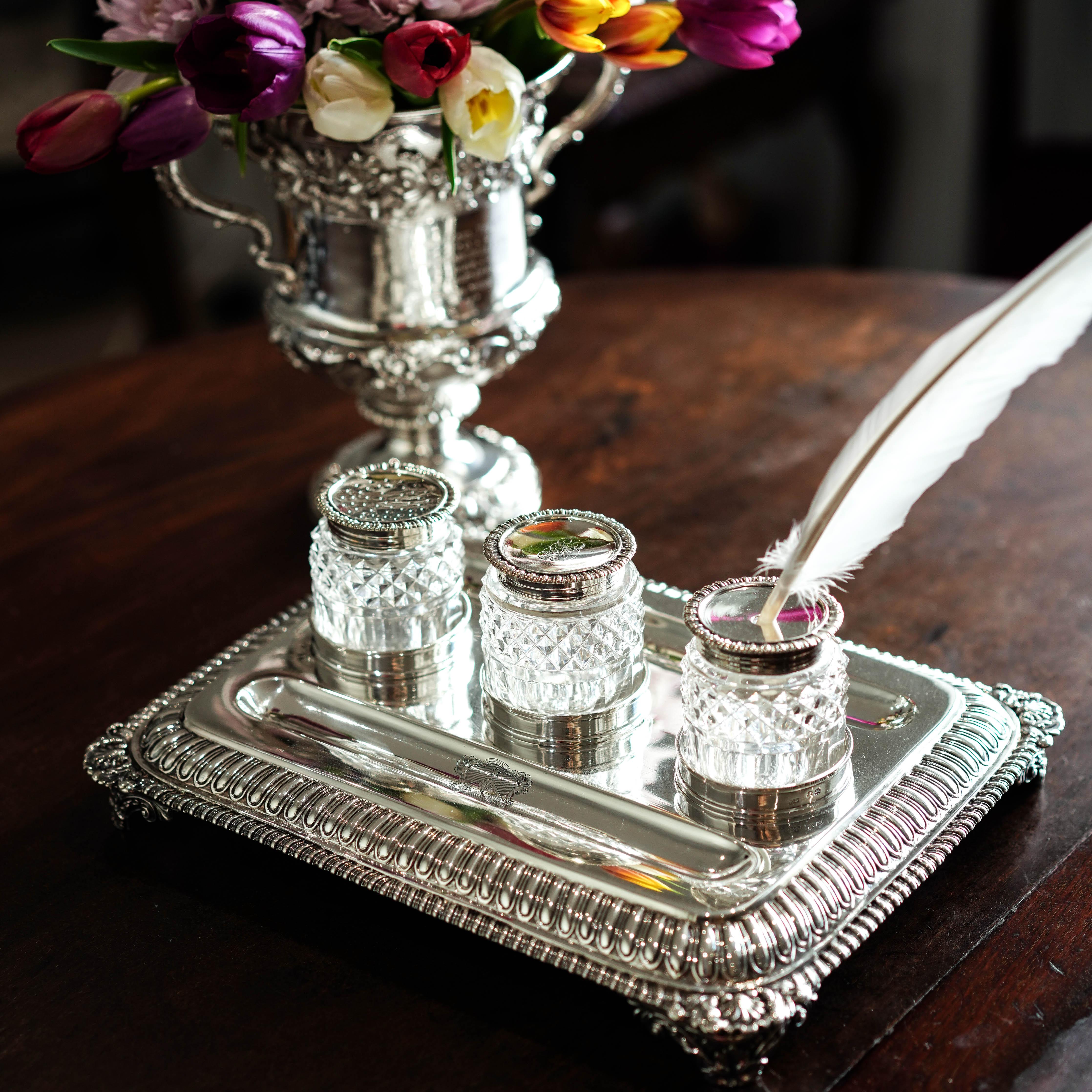 Antique Georgian Solid Silver Inkstand (1kg+) Regency Design London 1813 en venta 12