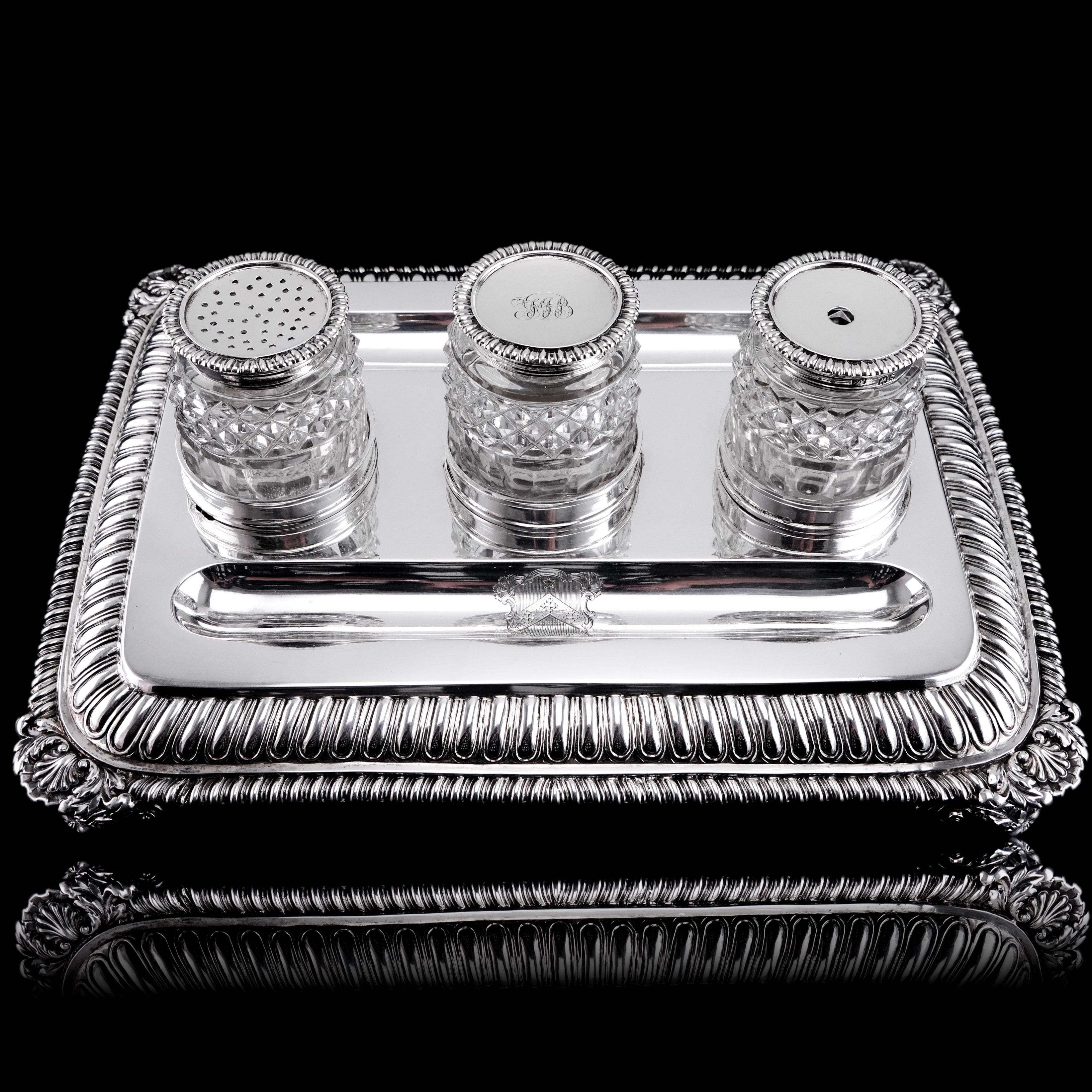 We are delighted to offer this spectacular solid silver inkstand made in London in 1813 with marks for Edward Fernell.

Large in presence, constructed with tremendous quality and quintessentially Regency, this inkstand presents exemplary qualities