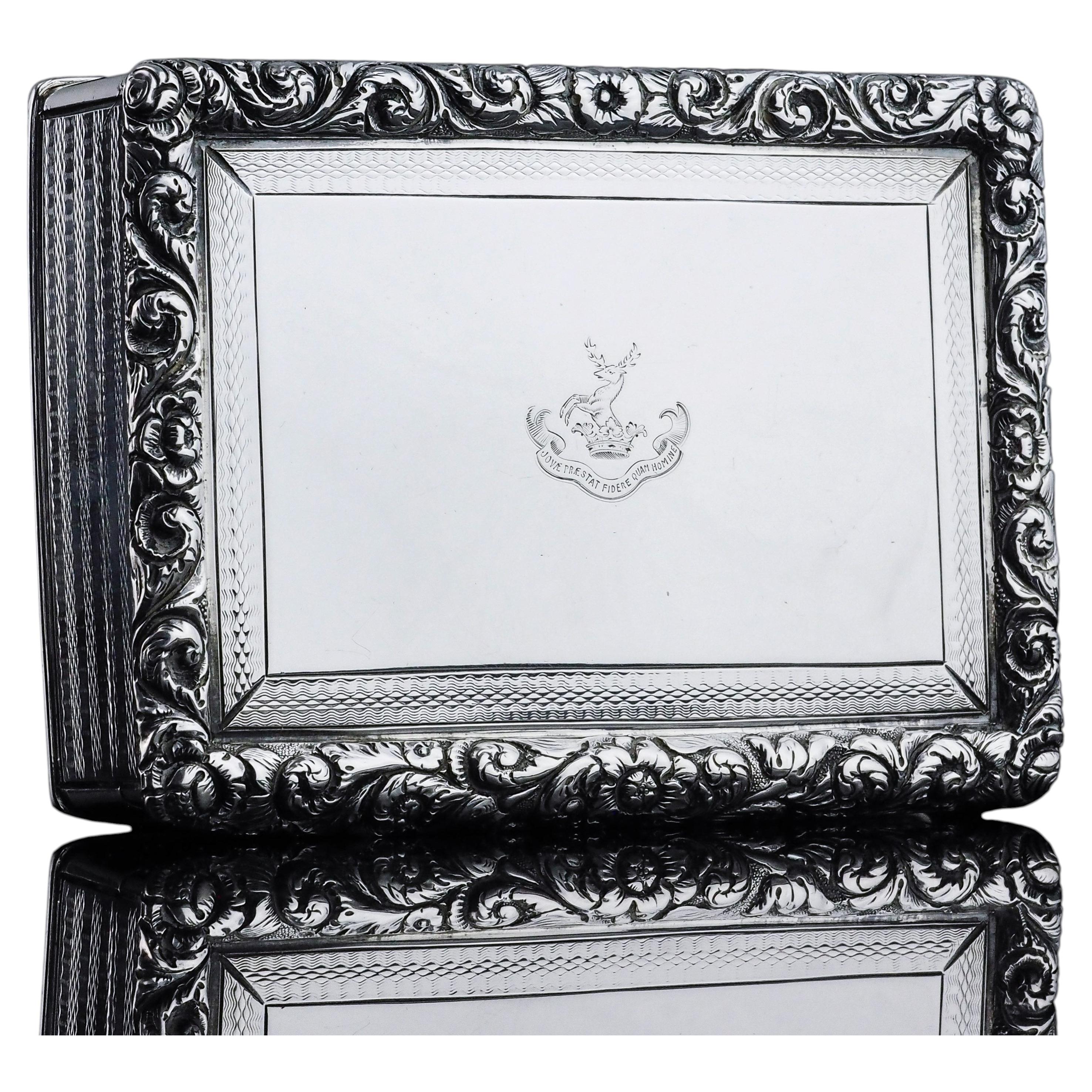 Antique Georgian Solid Silver Large Snuff Box Floral Chased Border - 1832 For Sale