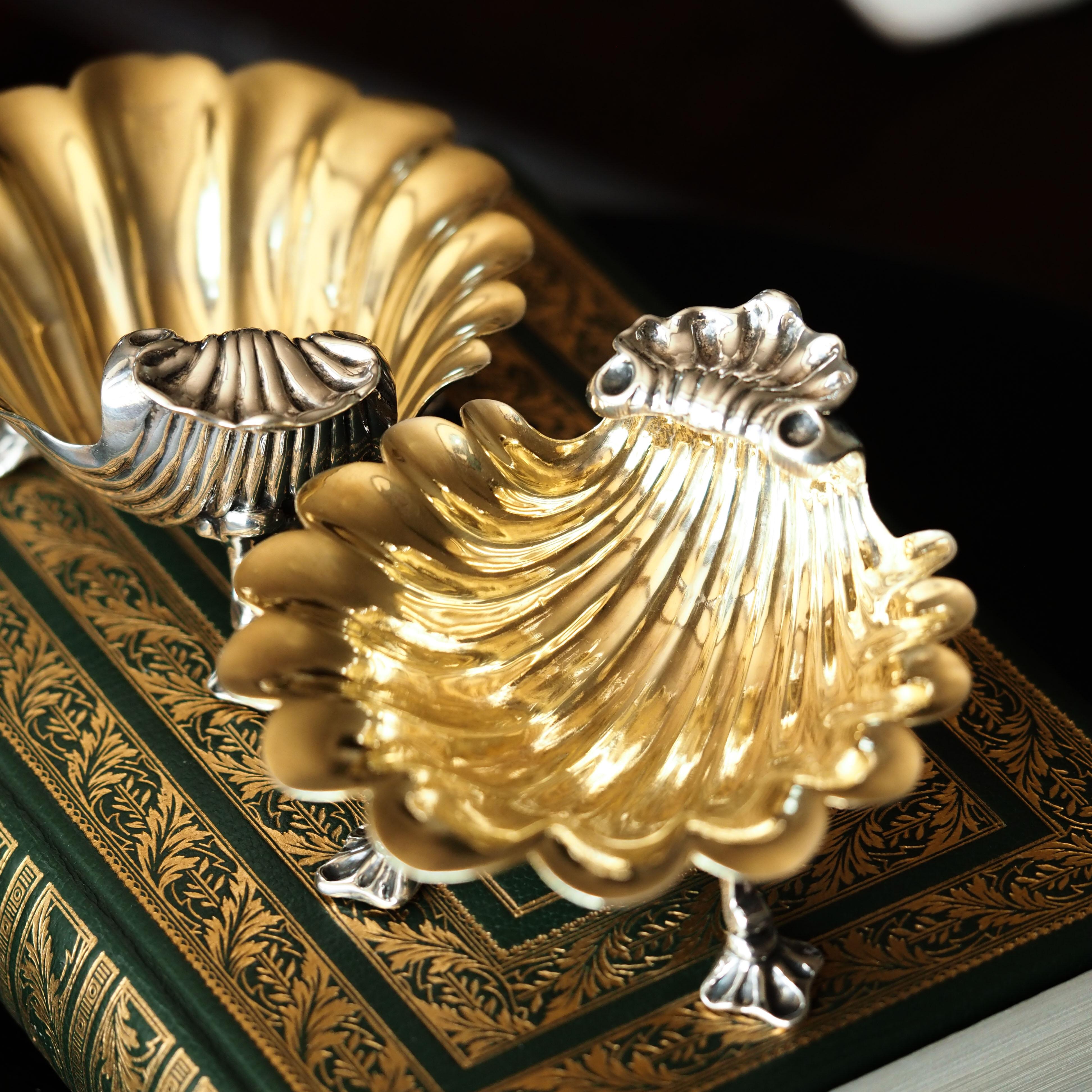 Sterling Silver Antique Georgian Solid Silver Shell Salt/Butter Dishes Rococo & Scalloped 1755 For Sale
