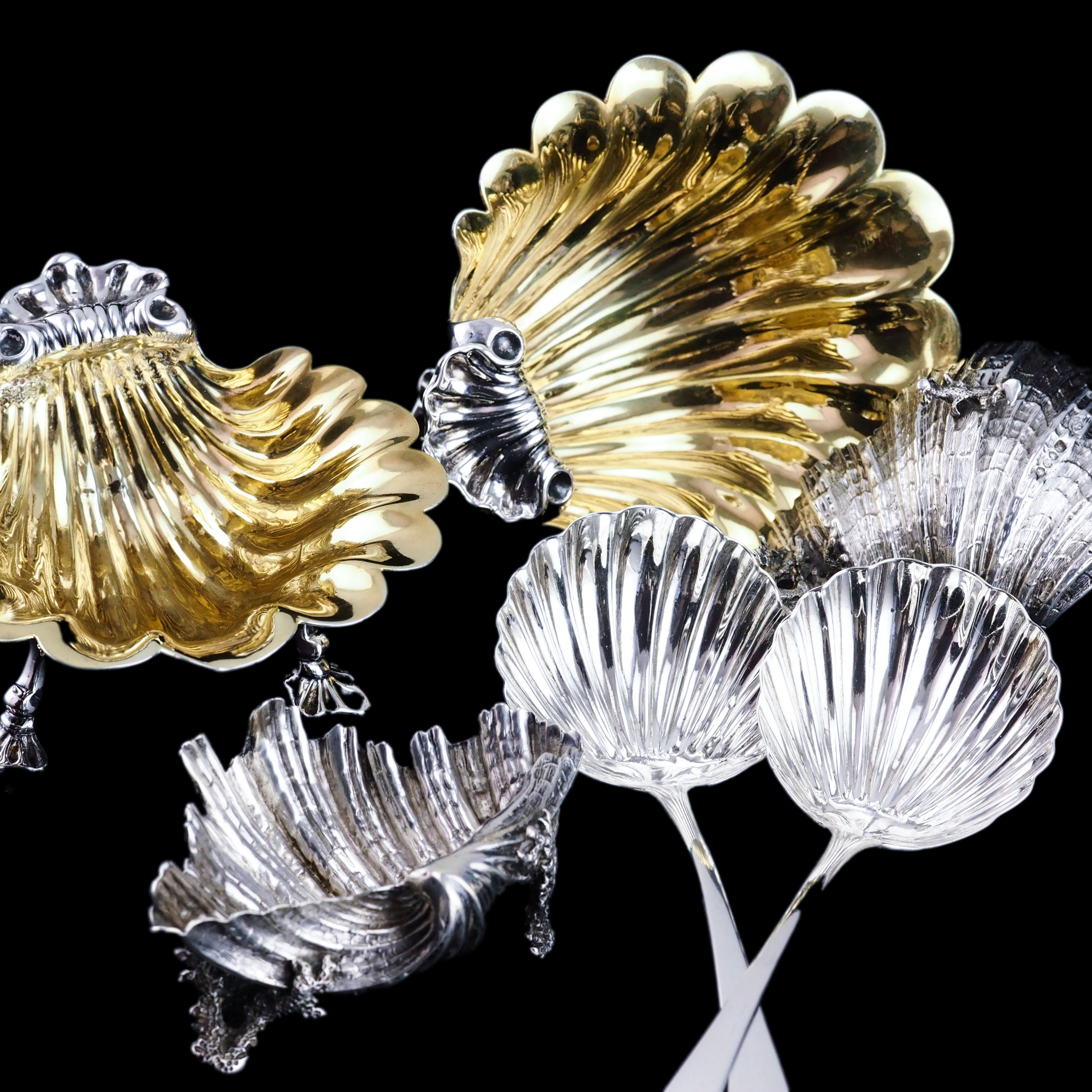 Antique Georgian Solid Silver Shell Salt/Butter Dishes Rococo & Scalloped 1755 For Sale 2