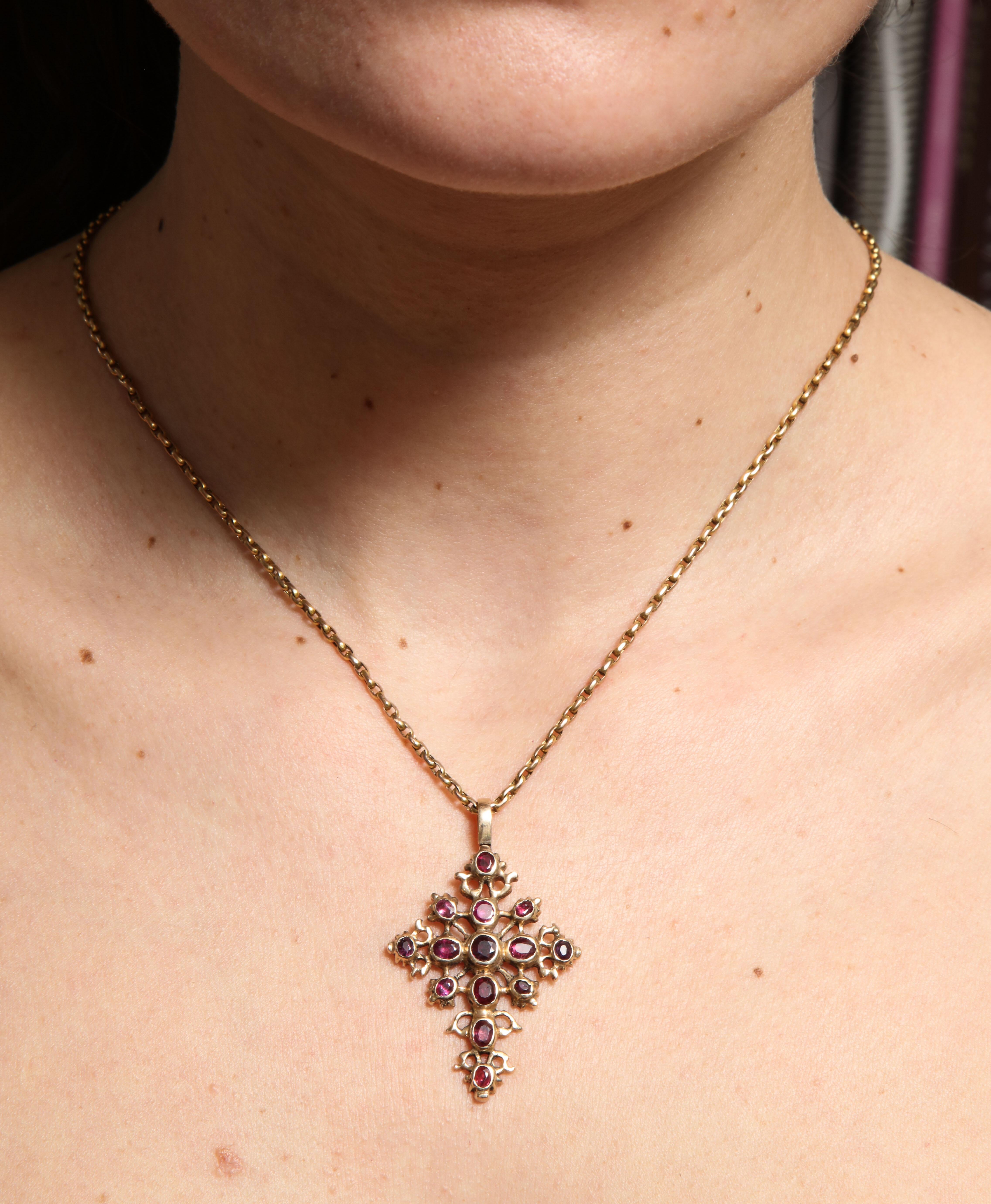 Women's or Men's Antique Georgian Spanish Ruby Cross Pendant, circa 1780