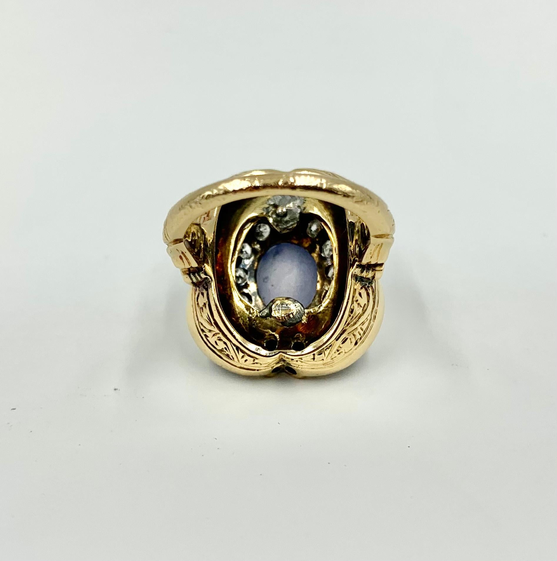 Antique Georgian Star Sapphire Diamond Guilloche Enamel 14K Gold Ring Circa 1830 For Sale 2