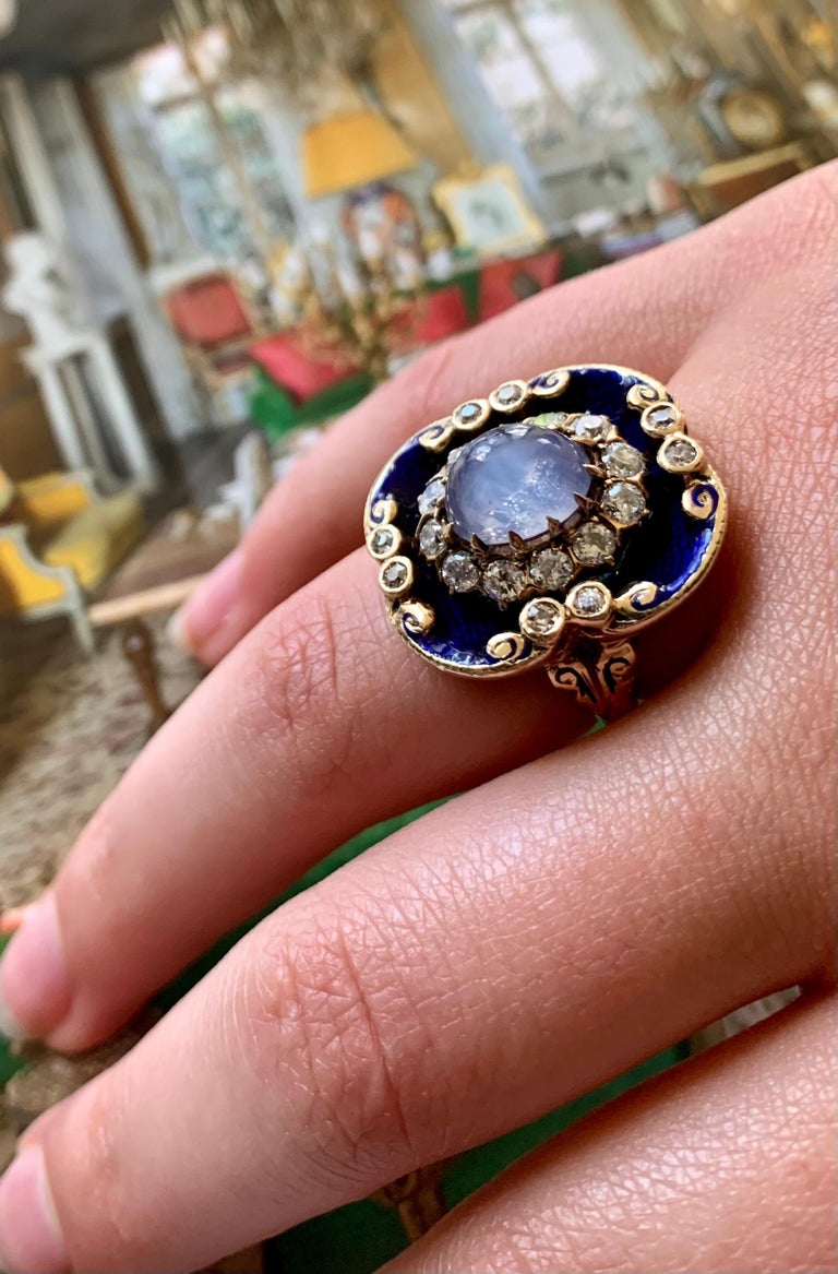 Antique Georgian Star Sapphire Diamond Guilloche Enamel 14K Gold Ring Circa  1830