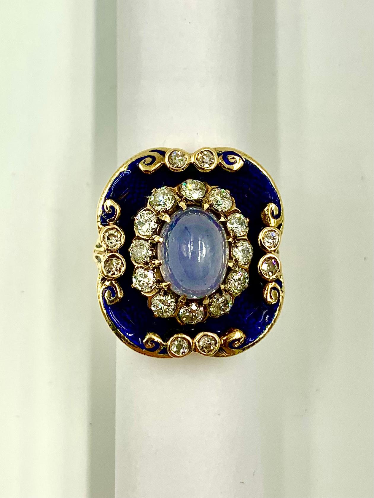 Antique Georgian Star Sapphire Diamond Guilloche Enamel 14K Gold Ring Circa 1830 For Sale 5