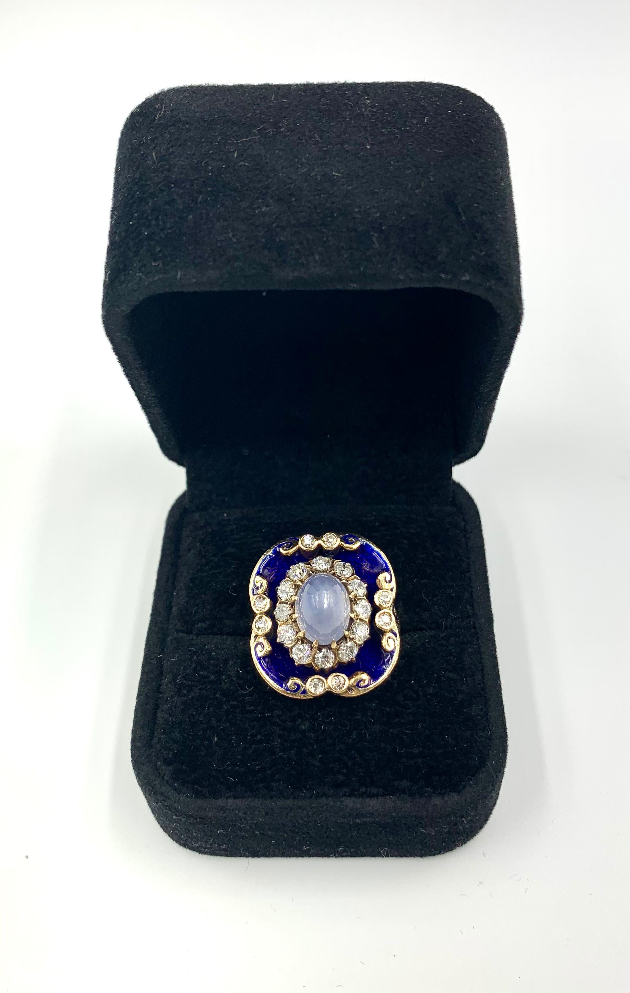 Cabochon Antique Georgian Star Sapphire Diamond Guilloche Enamel 14K Gold Ring Circa 1830 For Sale