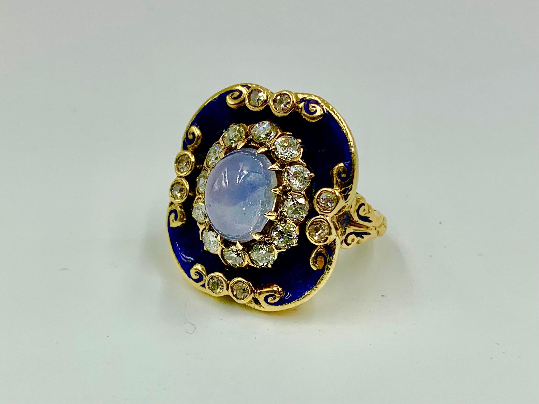 Antique Georgian Star Sapphire Diamond Guilloche Enamel 14K Gold Ring Circa 1830 In Good Condition For Sale In New York, NY
