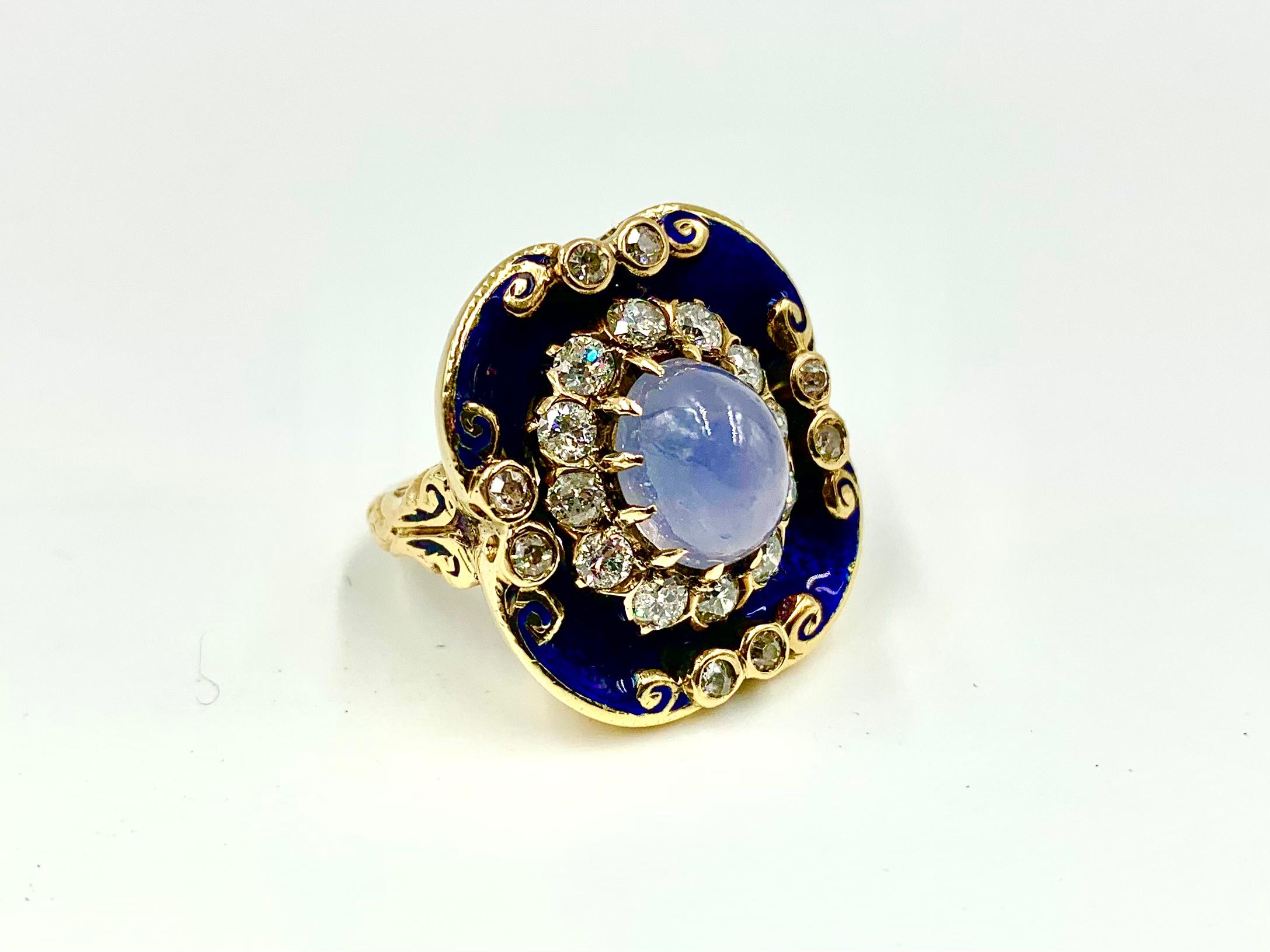 Women's Antique Georgian Star Sapphire Diamond Guilloche Enamel 14K Gold Ring Circa 1830 For Sale