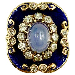 Antico anello georgiano in oro 14K con diamante e zaffiro a stella e smalto guilloché, circa 1830