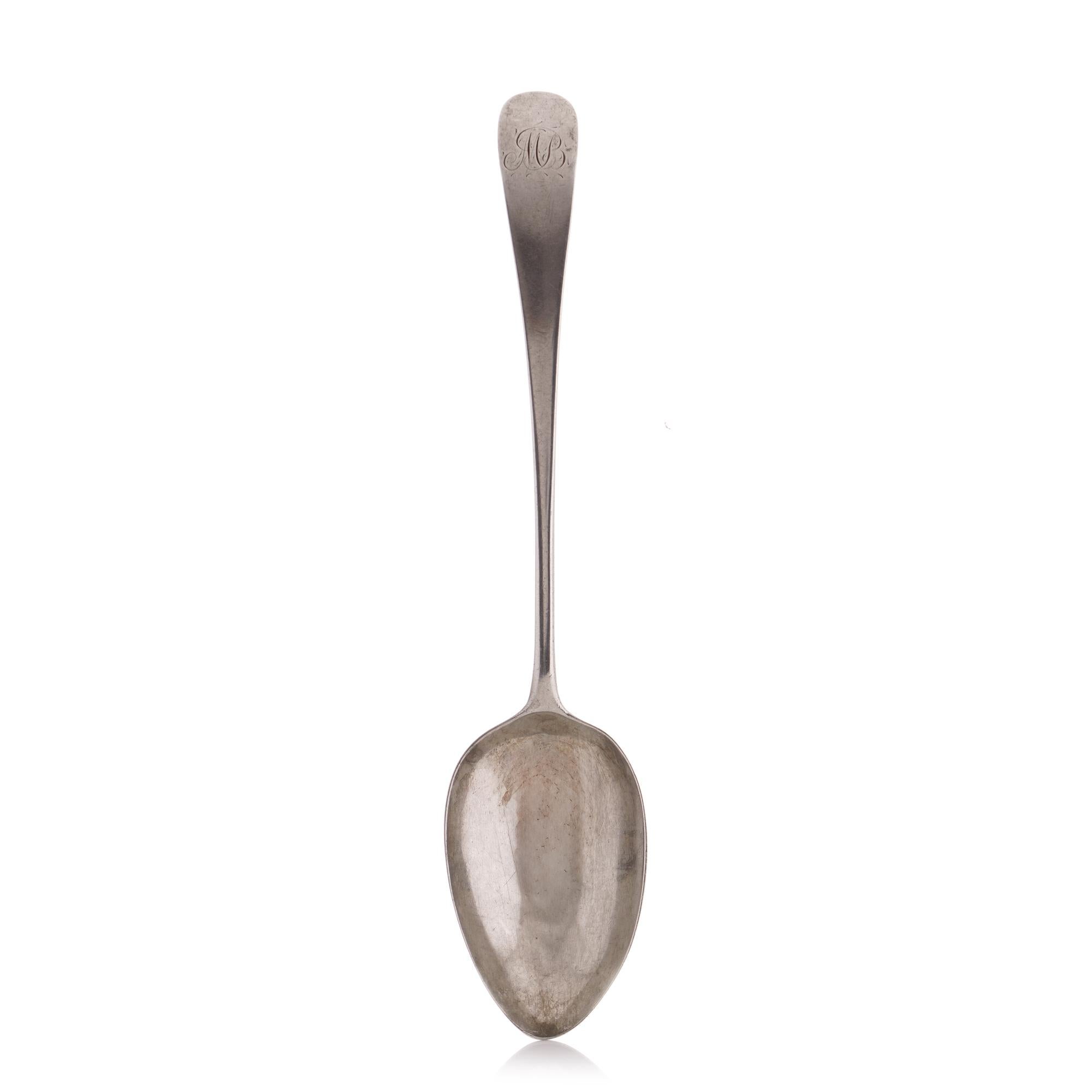 Antique Georgian sterling 925 silver large spoon. 
The spoon has a monogram ' MB ' 
Made in England, 1794 

The measurements:
Length x width x depth: 22.5 x 4.8 x 3.2 cm 
Weight:49 grams 

Condition: Spoon is pre-owned, with minor dings, and minor