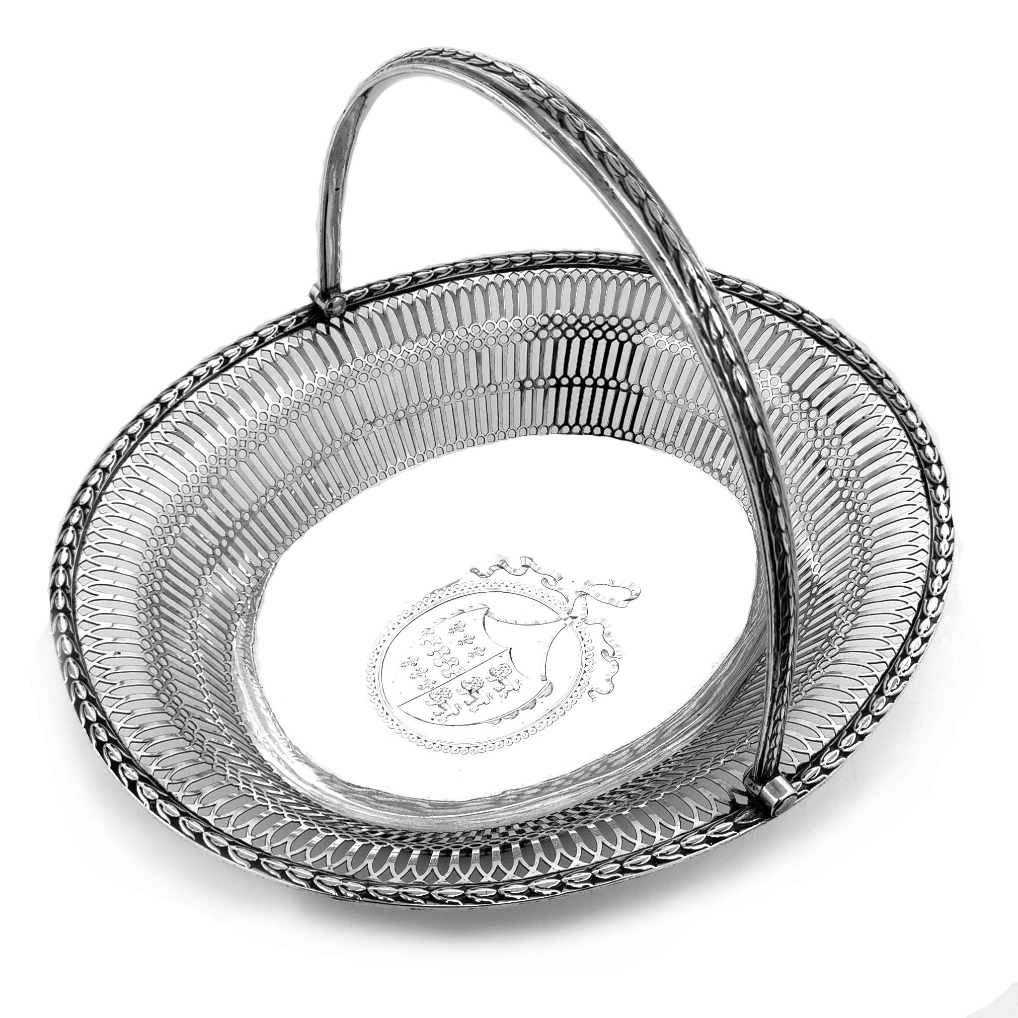 English Antique Georgian Sterling Silver Basket 1774 Cake Bread Serving Swing Handle For Sale