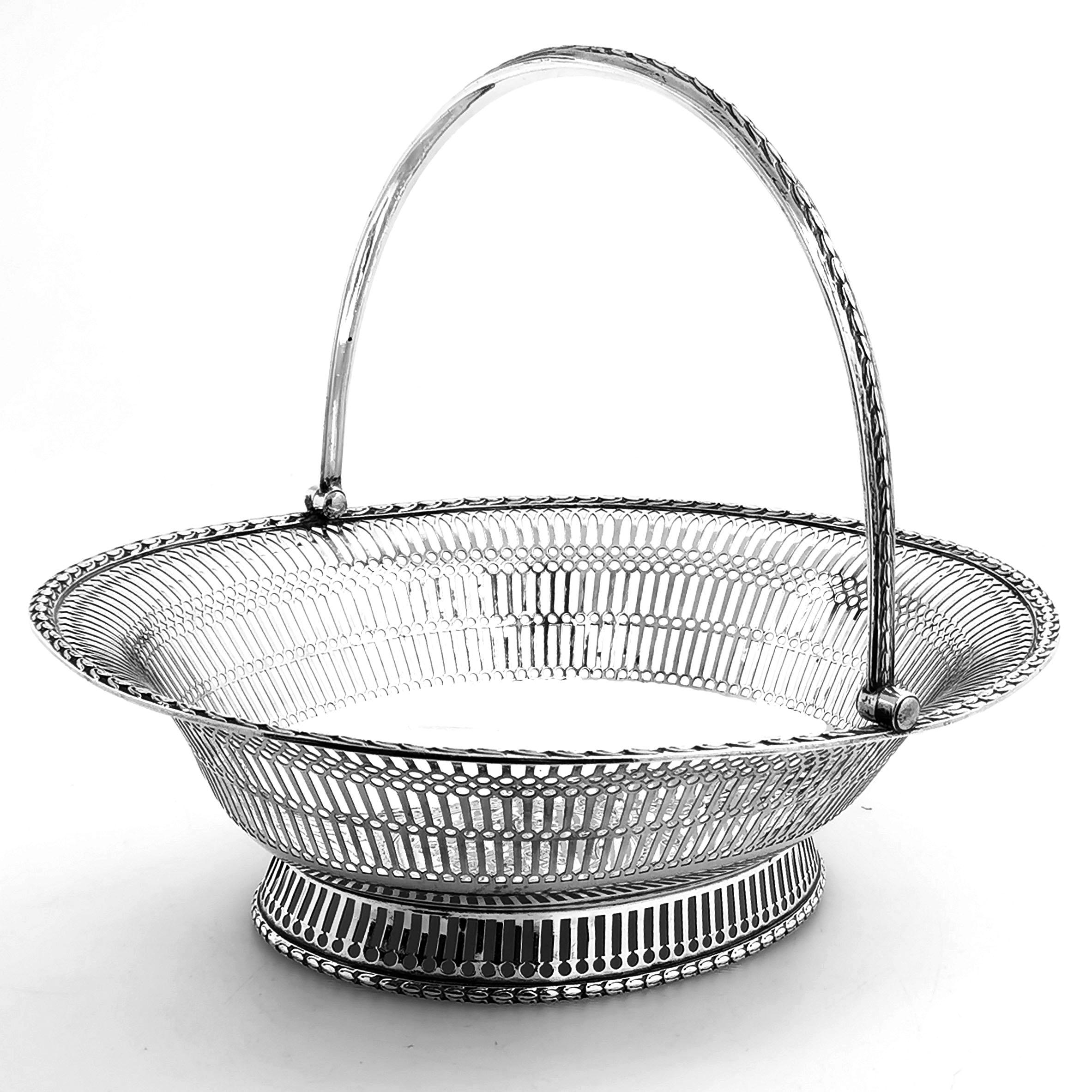 Antique Georgian Sterling Silver Basket 1774 Cake Bread Serving Swing Handle For Sale 1
