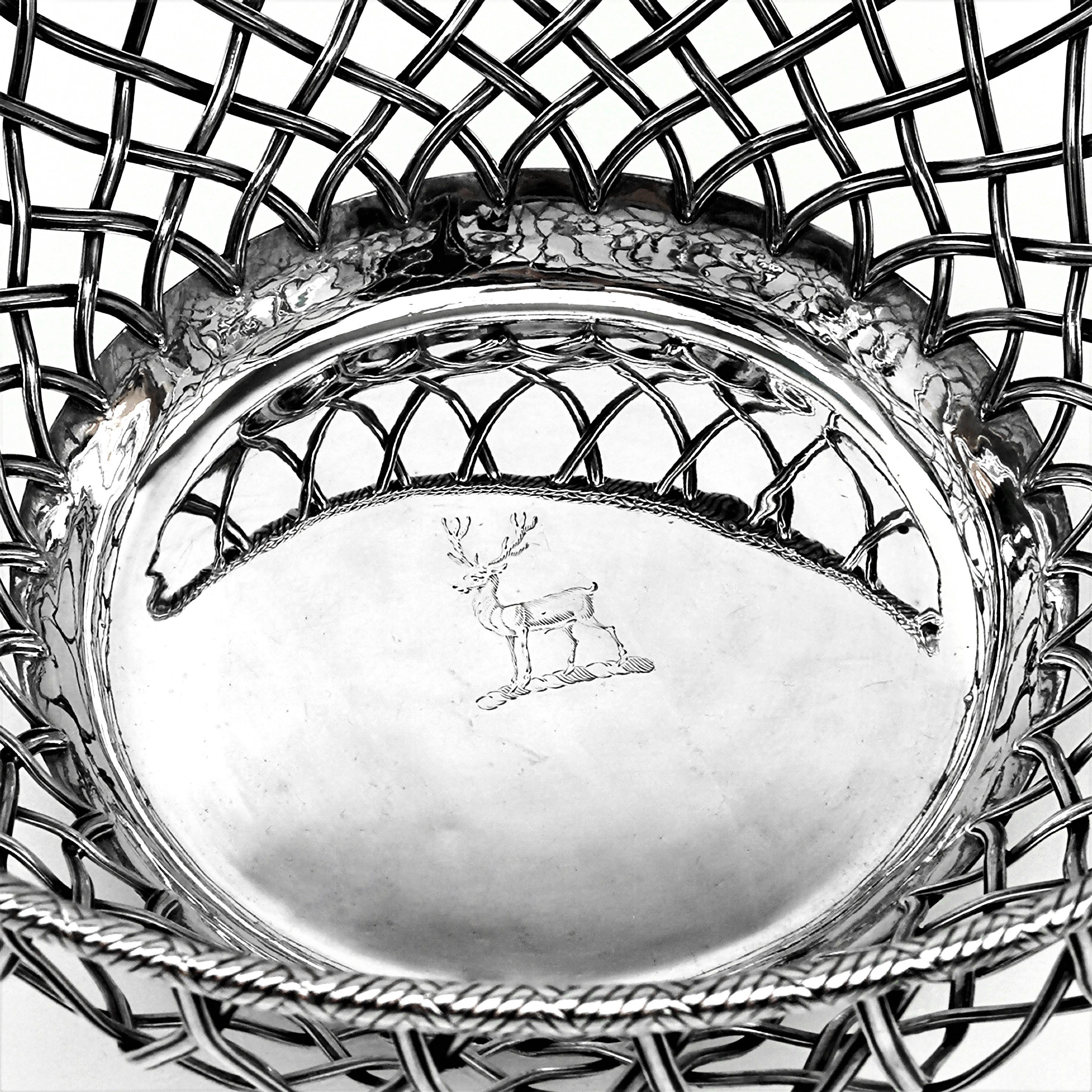 18th Century and Earlier Antique Georgian Sterling Silver Basket 1780 Wire Work Cake / Bread / Serving 