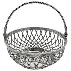 Panier en argent sterling de style géorgien ancien 1780, travail du fil de fer, gâteaux / pain / service 