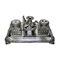 Antique Georgian Sterling Silver Crystal Desk Inkstand Joseph Craddock 1819