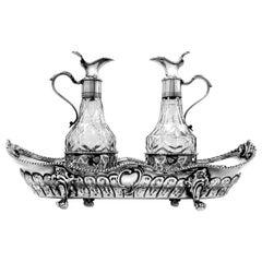 Antique Georgian Sterling Silver and Cut Glass Cruet Stand / Oil & Vinegar, 1769