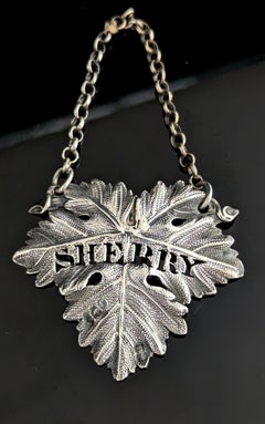 Antique Georgian sterling silver decanter label, Sherry, Vine leaf