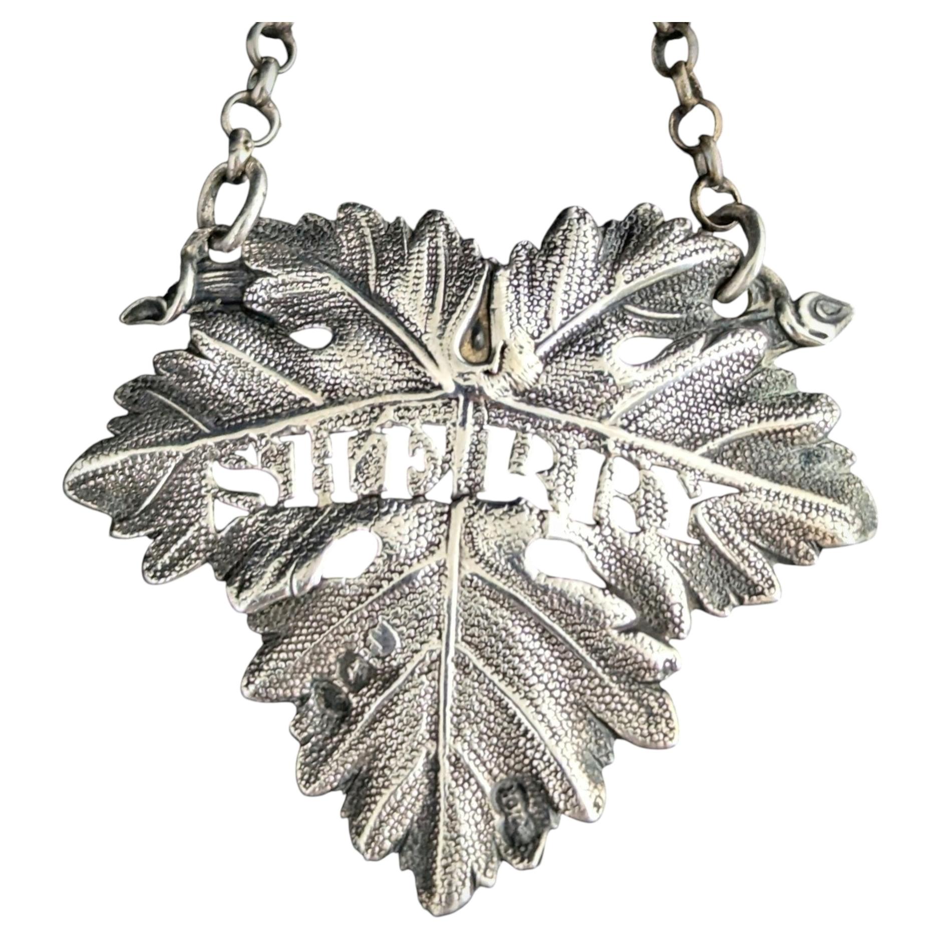 Antique Georgian sterling silver decanter label, Sherry, Vine leaf