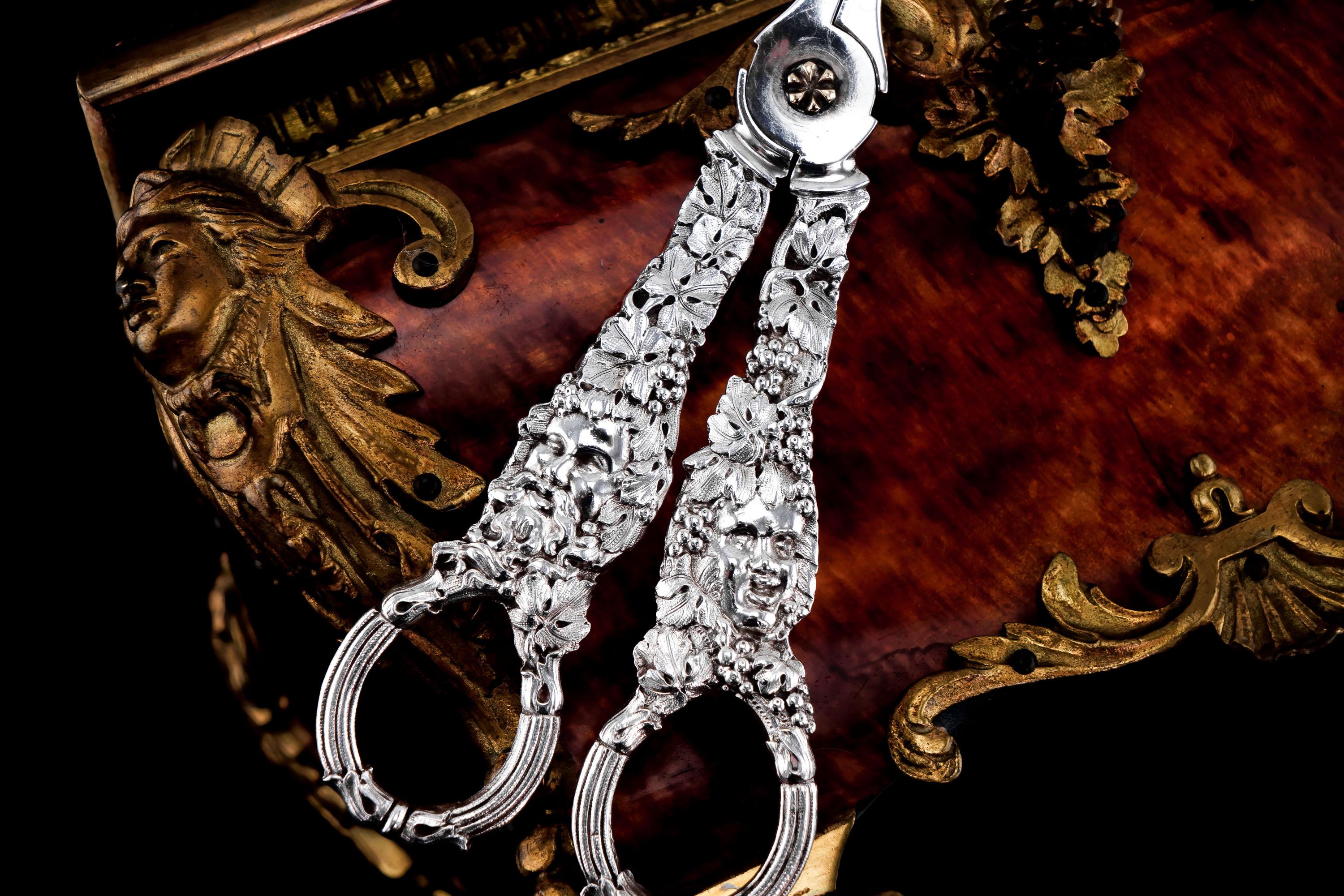 We are delighted to offer this spectacular Georgian solid silver grape scissors/shears made in London with the marks of William Theobalds. 
 
Whilst ordinary silver grape shears of this period would normally be quite plain (and beautiful in their