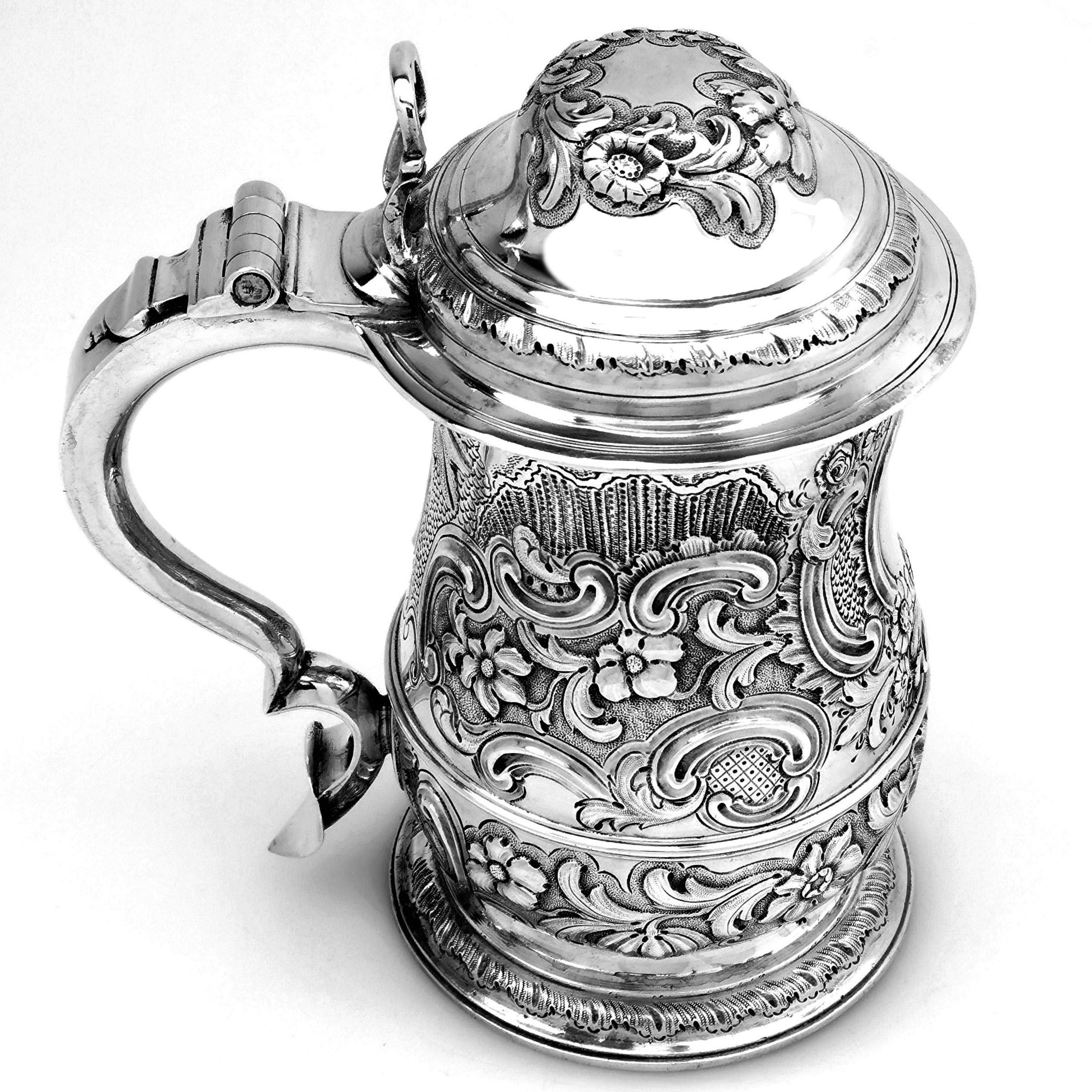English Antique Georgian Sterling Silver Lidded Tankard / Beer Mug, 1763
