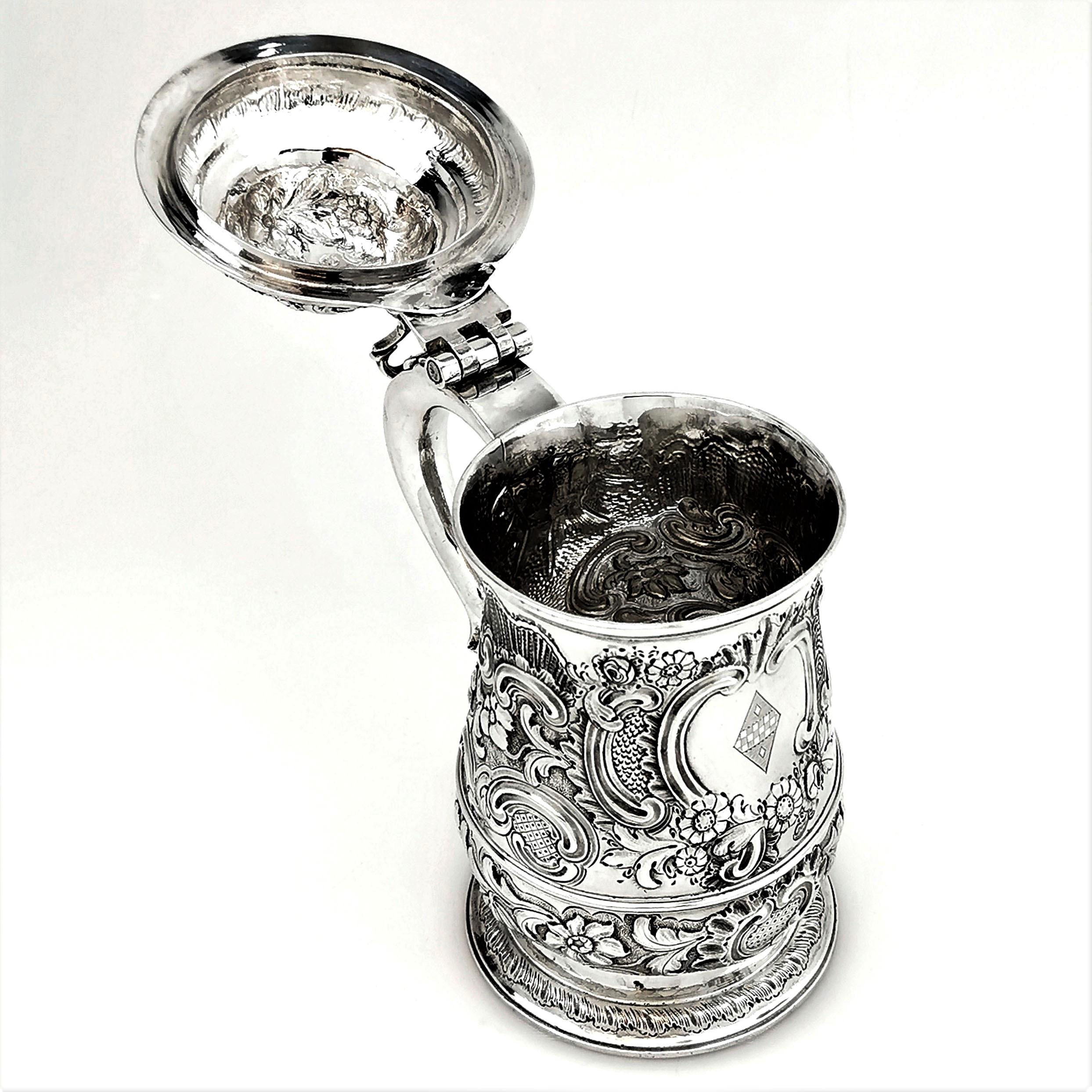 Antique Georgian Sterling Silver Lidded Tankard / Beer Mug, 1763 1