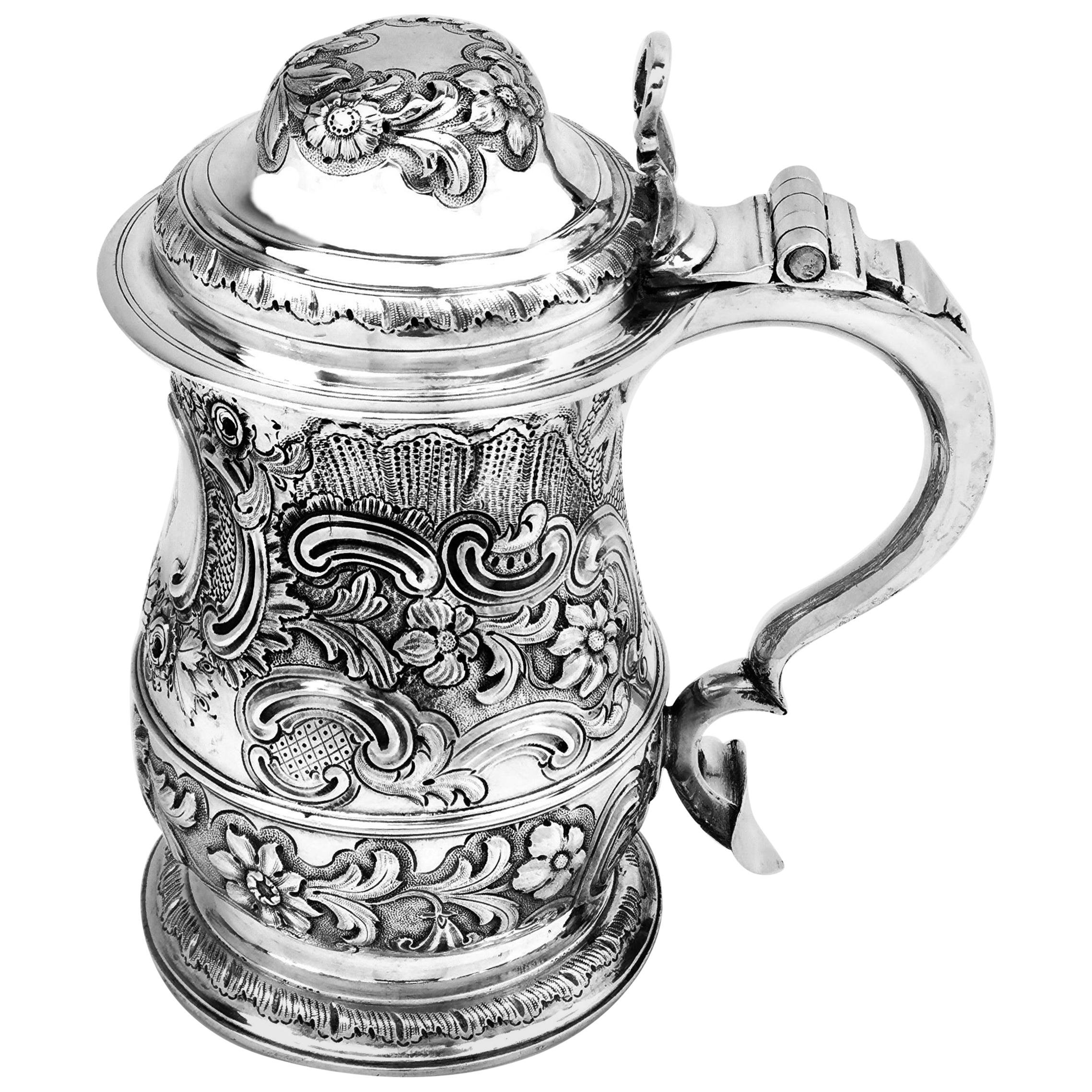 Antique Georgian Sterling Silver Lidded Tankard / Beer Mug, 1763