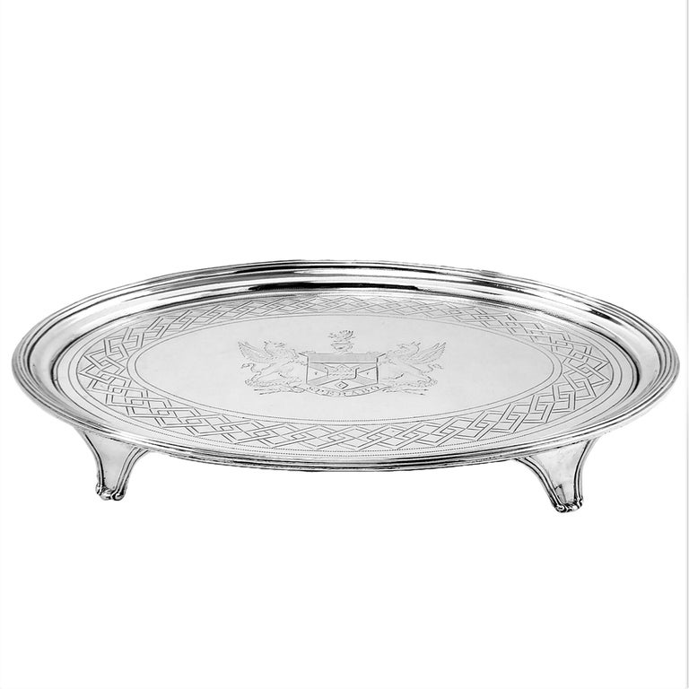 English Antique Georgian Sterling Silver Salver Oval Tray Platter, 1802