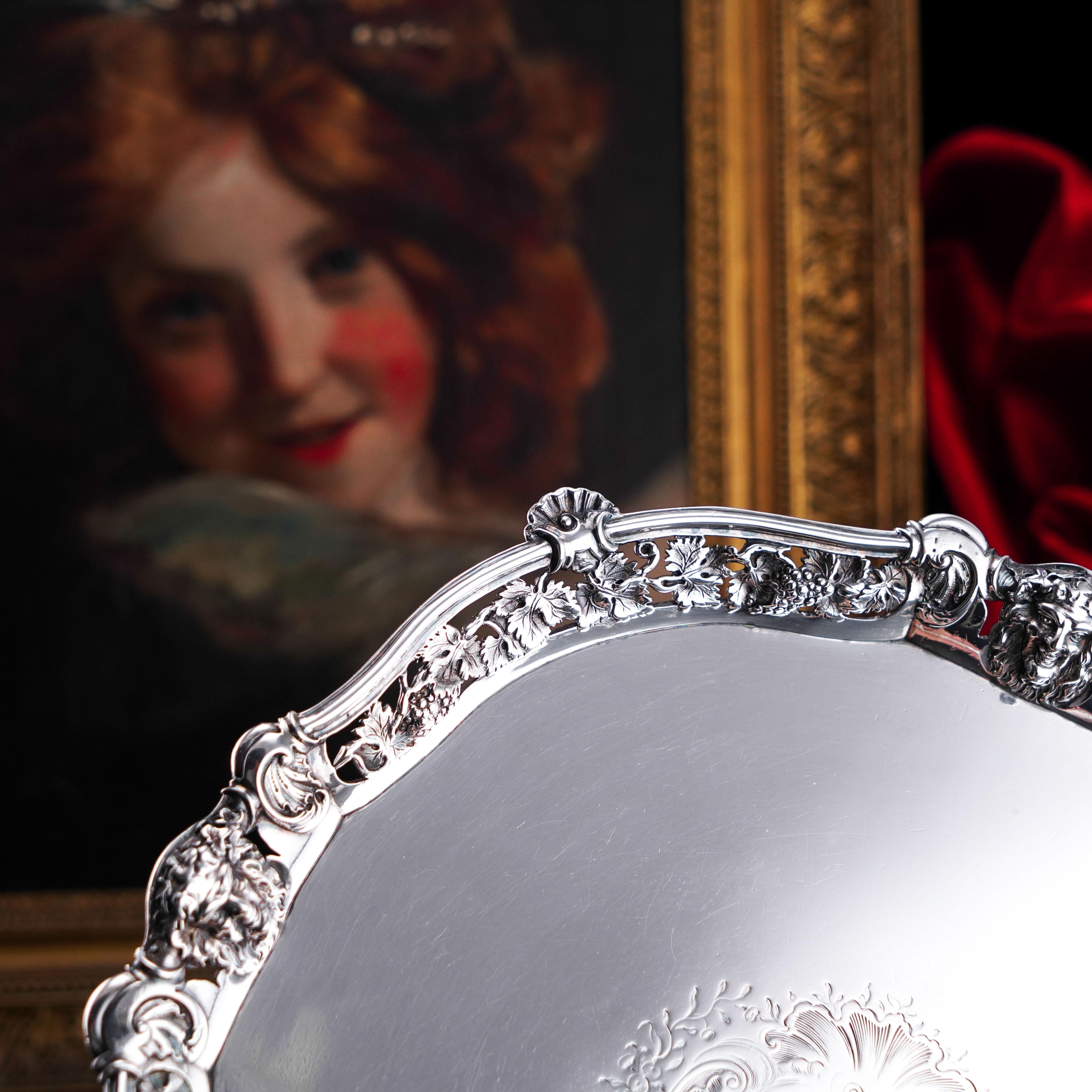 Antique Georgian Sterling Silver Salver Rococo Mask Vine Decoration London 1742 For Sale 1