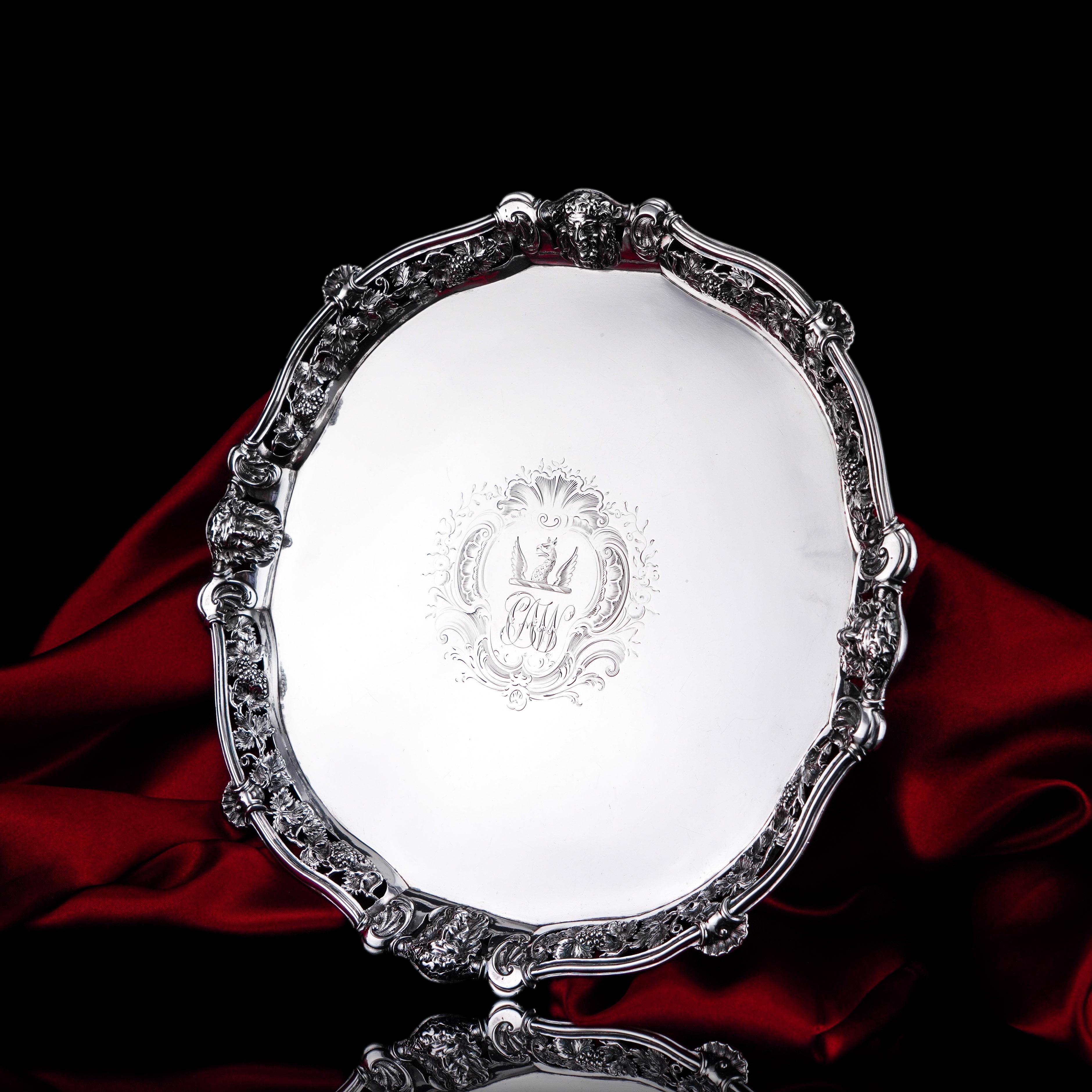 Antique Georgian Sterling Silver Salver Rococo Mask Vine Decoration London 1742 For Sale 3