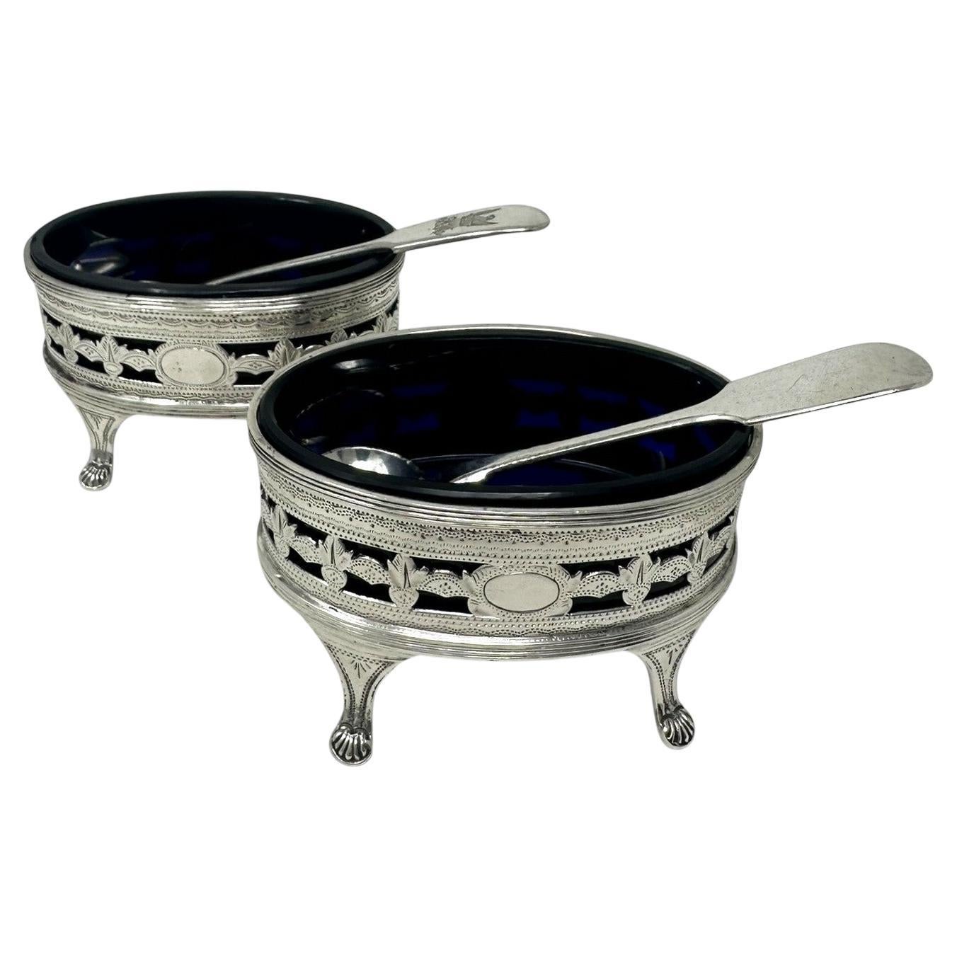 Antique Georgian Sterling Silver Set Pair Salts Glass Liners 1883 Nathan Hayes