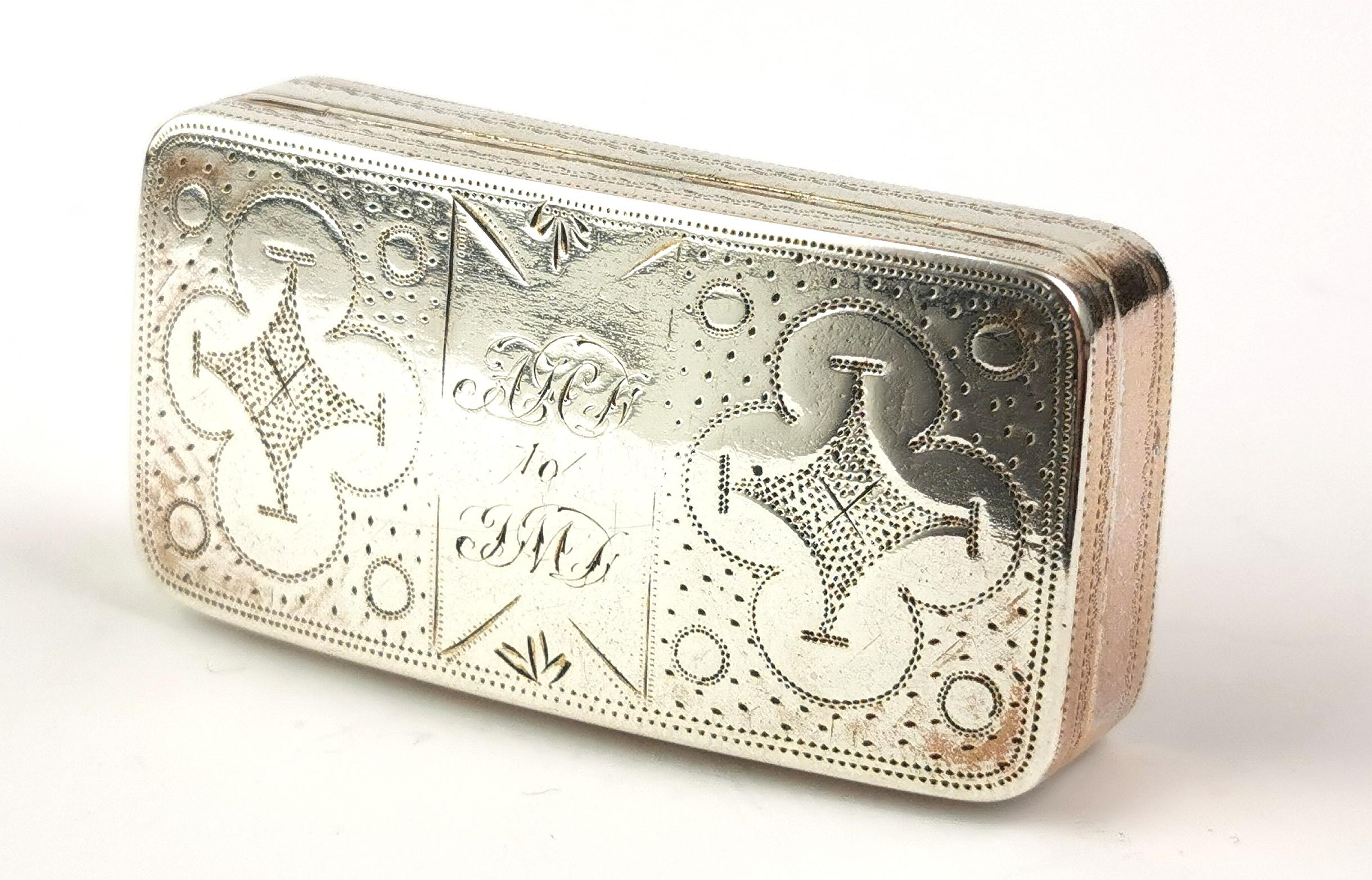 19th Century Antique Georgian sterling silver snuff box, Engraved 