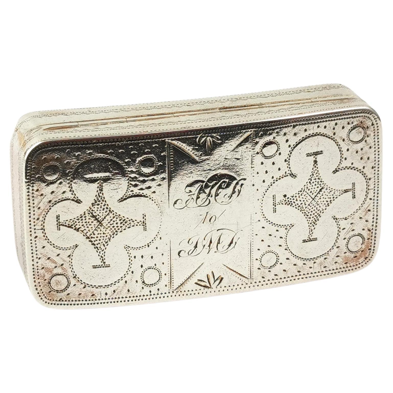 Antique Georgian sterling silver snuff box, Engraved 