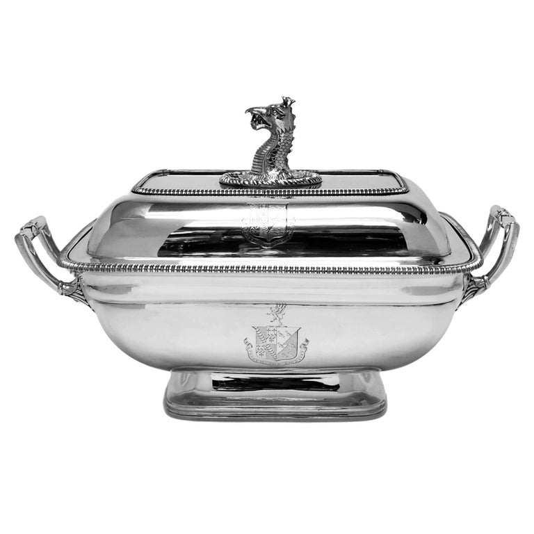 English Antique Georgian Sterling Silver Soup Tureen 1806 Dragon Finial For Sale