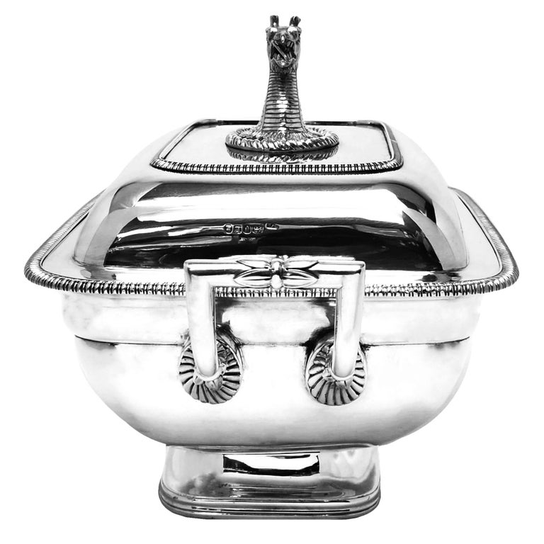 19th Century Antique Georgian Sterling Silver Soup Tureen 1806 Dragon Finial For Sale