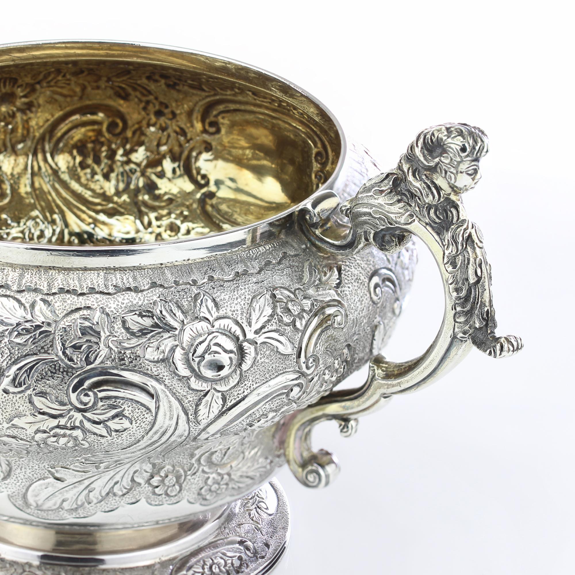 Antique Georgian Sterling Silver Three-Piece Elaborately Engraved Tea Set For Sale 7