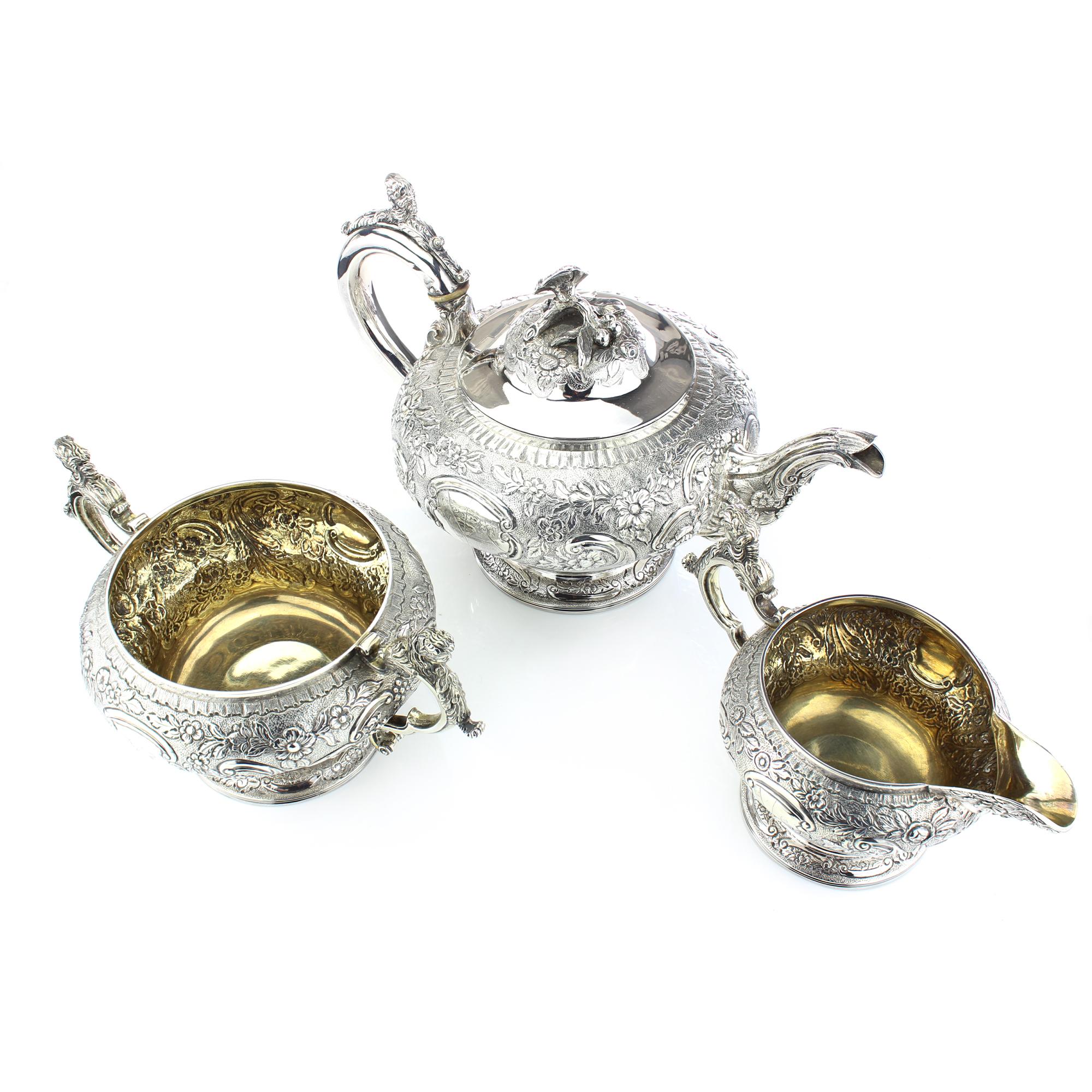 British Antique Georgian Sterling Silver Three-Piece Elaborately Engraved Tea Set For Sale