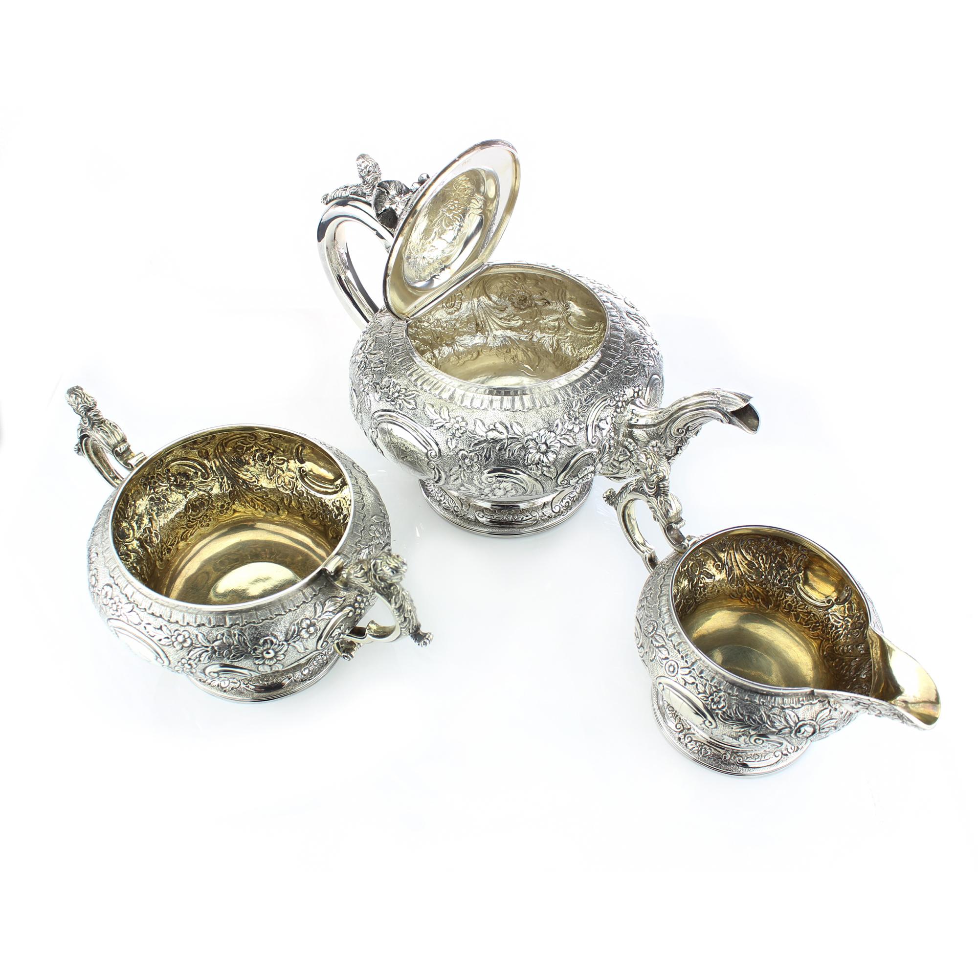 Early 19th Century Antique Georgian Sterling Silver Three-Piece Elaborately Engraved Tea Set For Sale